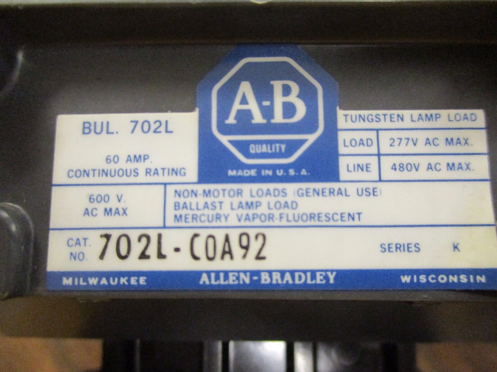 Allen-Bradley Lighting Contactor 702L-C0A92 120V Coil 60A Used