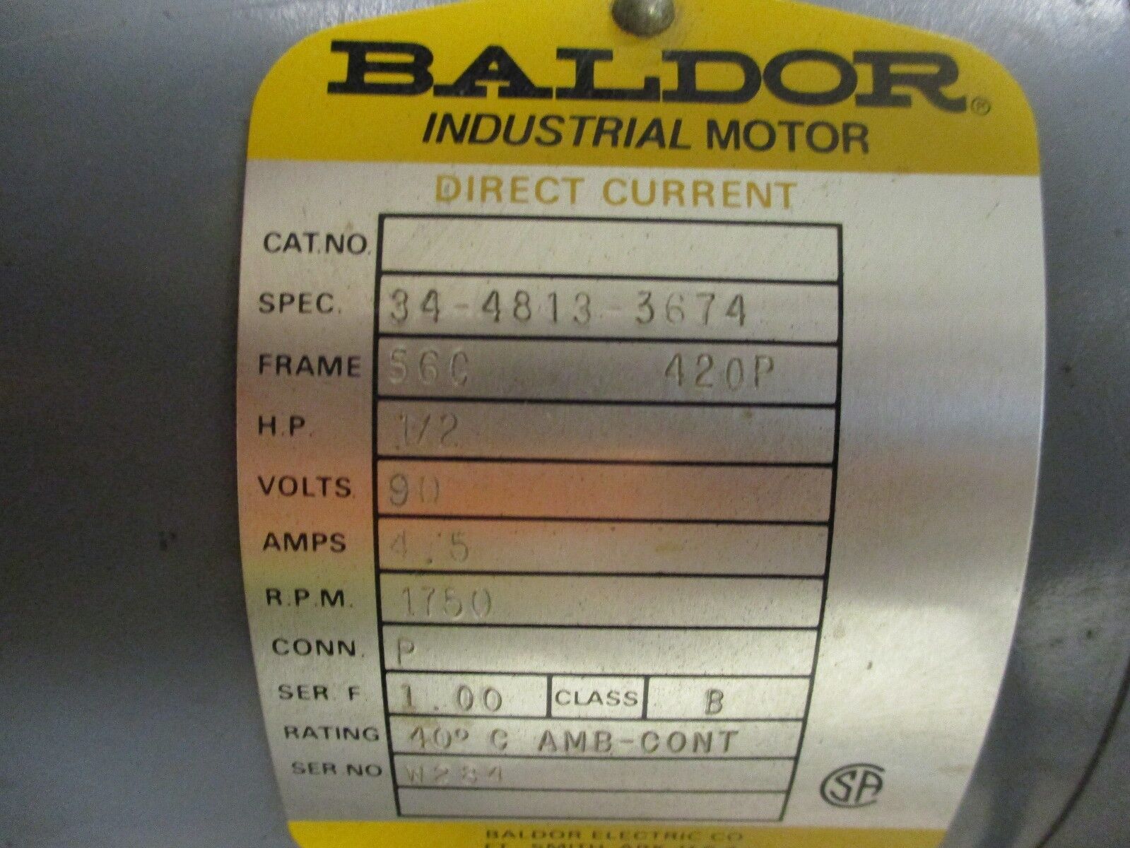 Baldor DC Motor w/ Gear 34-4813-3674 1/2HP 1800RPM FR:56C 90V 4.5A Used