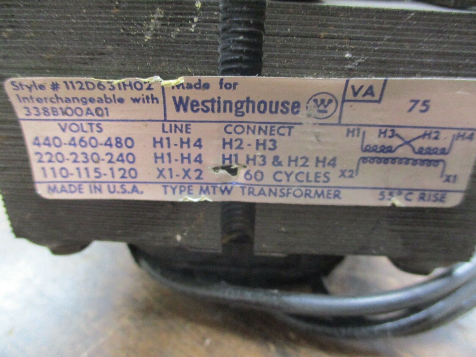 Westinghouse Type MTW Transformer 112D631H02 75VA Pri: 240/480V Sec: 120V 60Hz