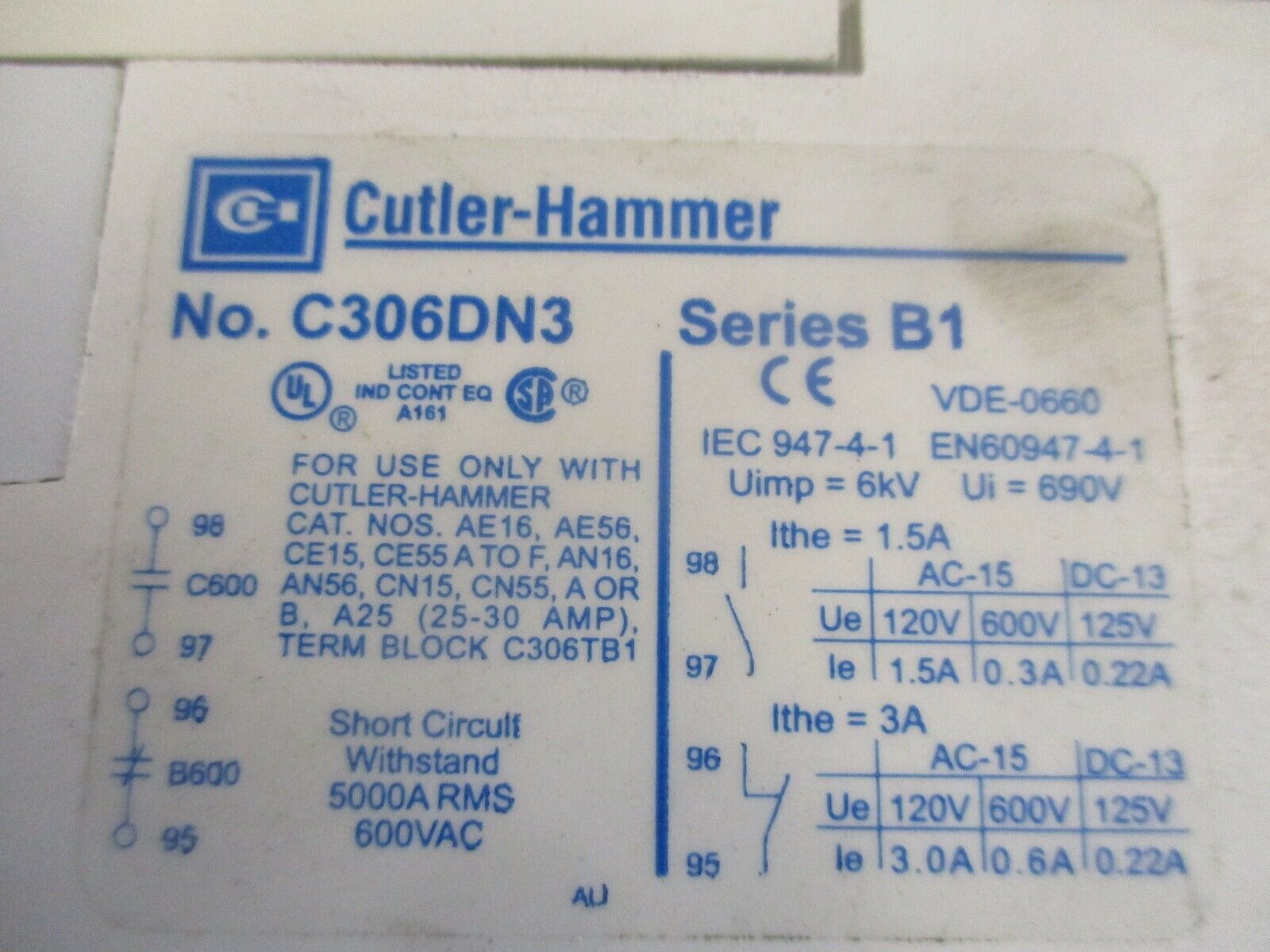 Cutler-Hammer Overload Relay C306DN3 Ser. B1 600V 3P *Heaters May Vary* Used