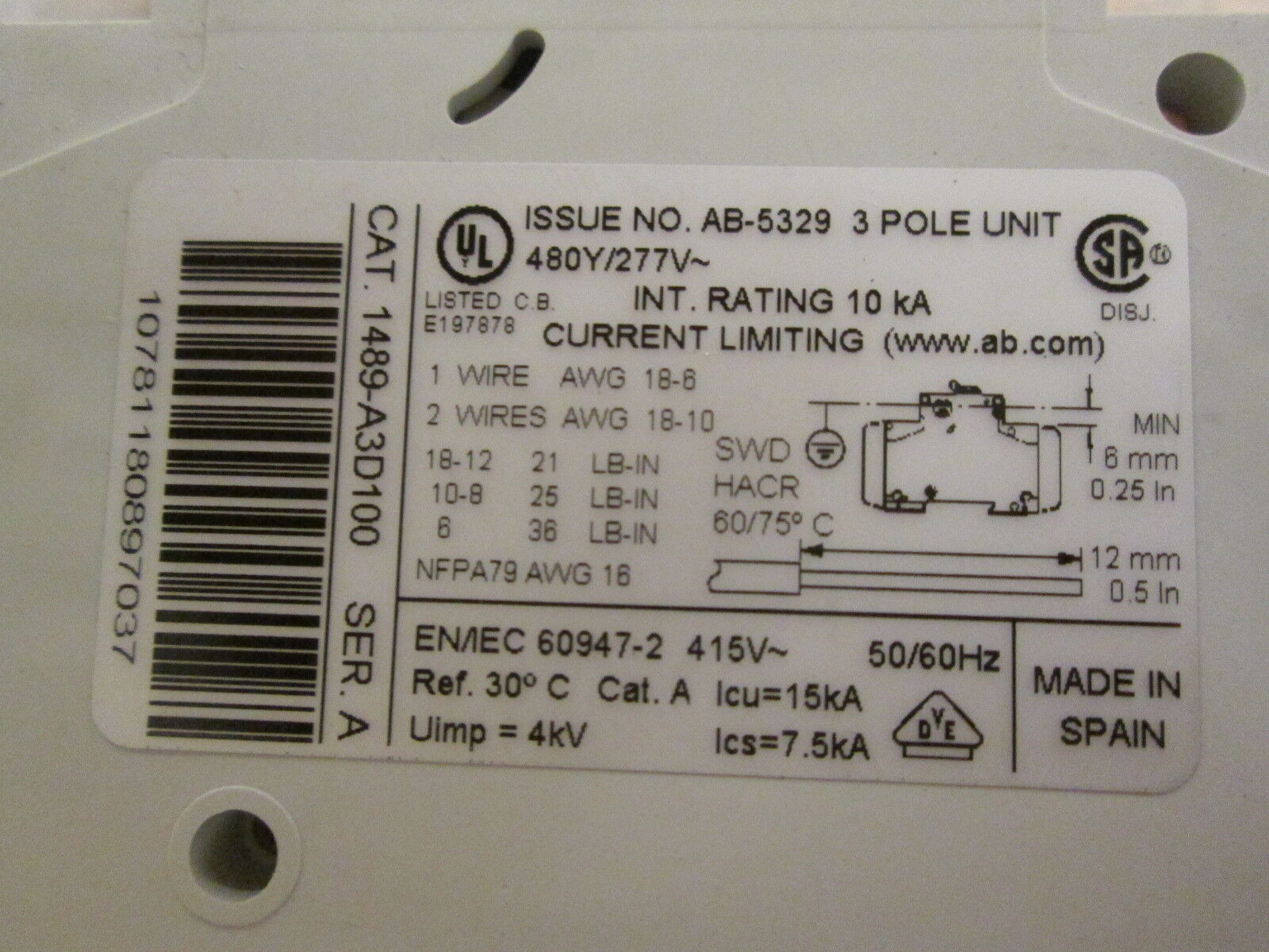 Allen-Bradley Circuit Breaker 1489-A3D100 10A 480Y/277V 3P Used