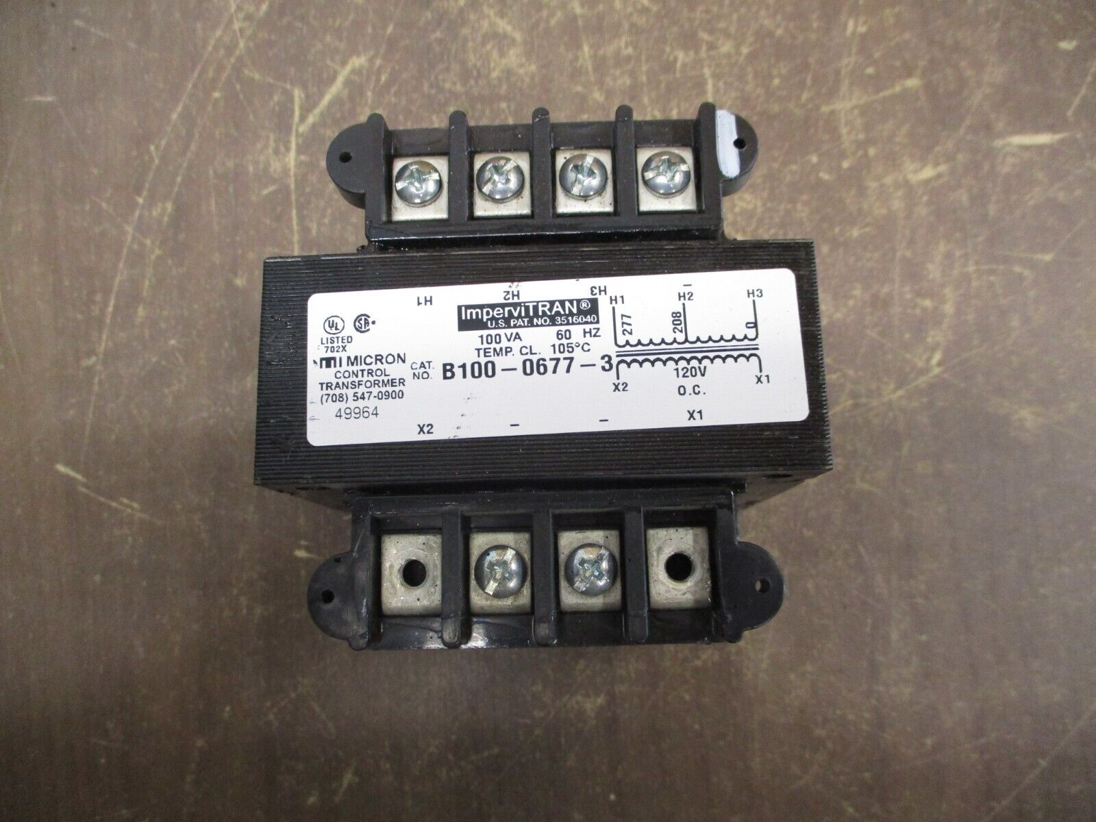 Micron ImperviTRAN Control Transformer B100-0677-3 100VA Pri: 208/277V Sec: 120V