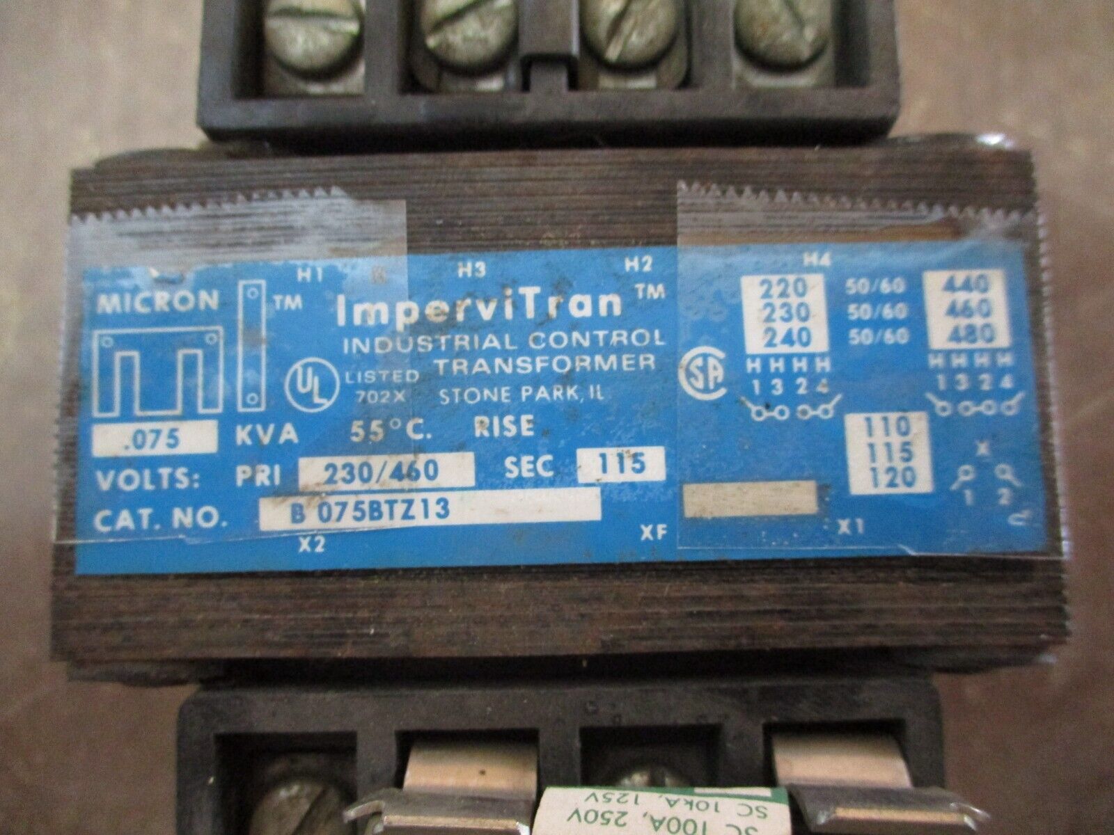 Micron ImperviTran Transformer B075BTZ13 0.075KVA Pri:230/460V Sec:115V Used