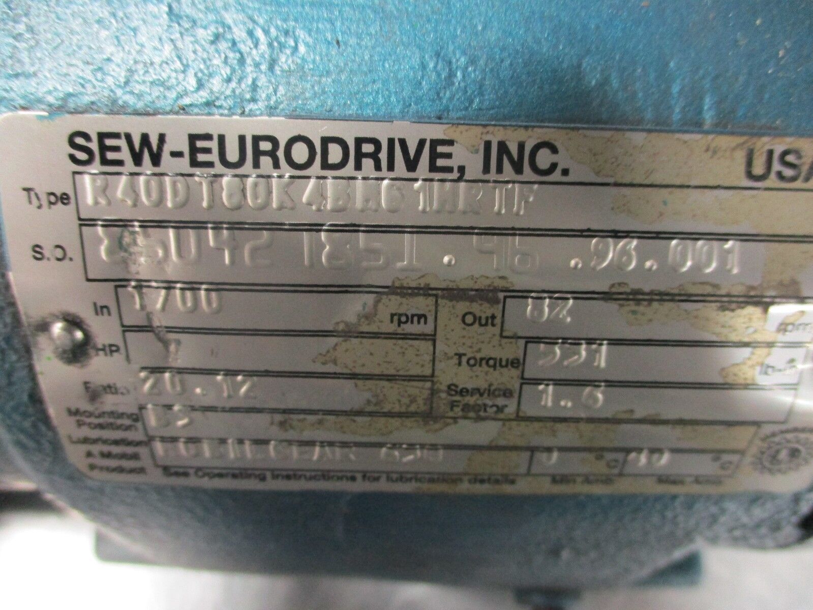 SEW Gearmotor DFT80K4BM61MRTF .75HP 1800RPM 230YY/460YV 3.05/1.53A Used