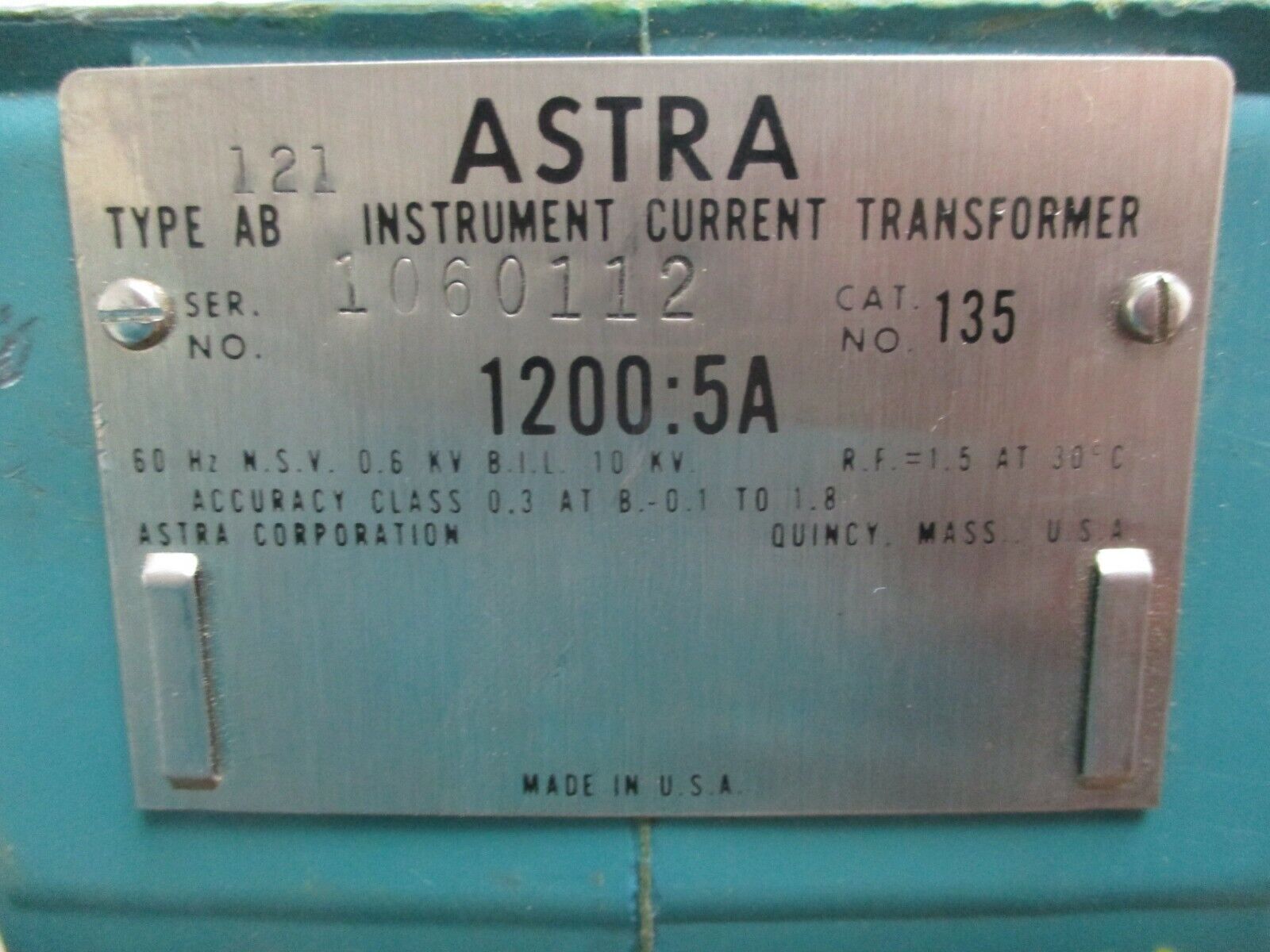 Astra Type AB Current Transformer 135 Ratio 1200:5A 600V 10kV BIL Used