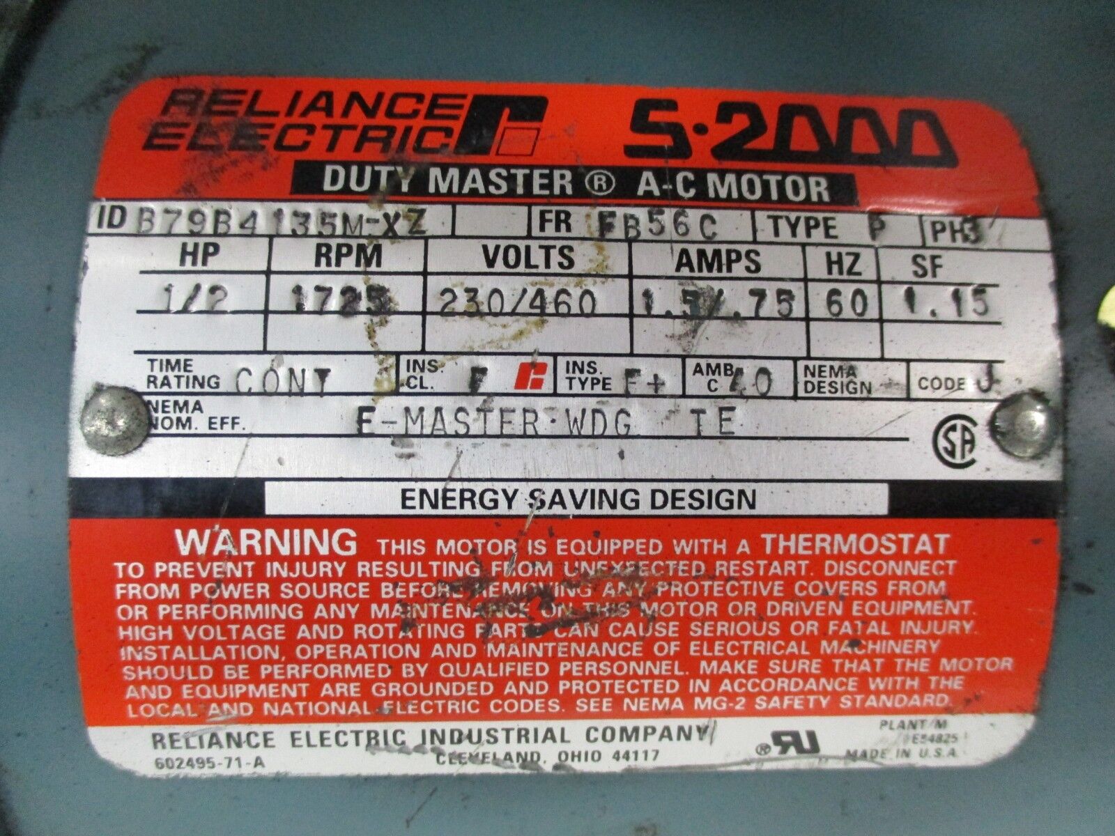 Reliance S-2000 Duty Master AC Motor w/ Brake B79B4135M-XZ 1/2HP 1800RPM Used