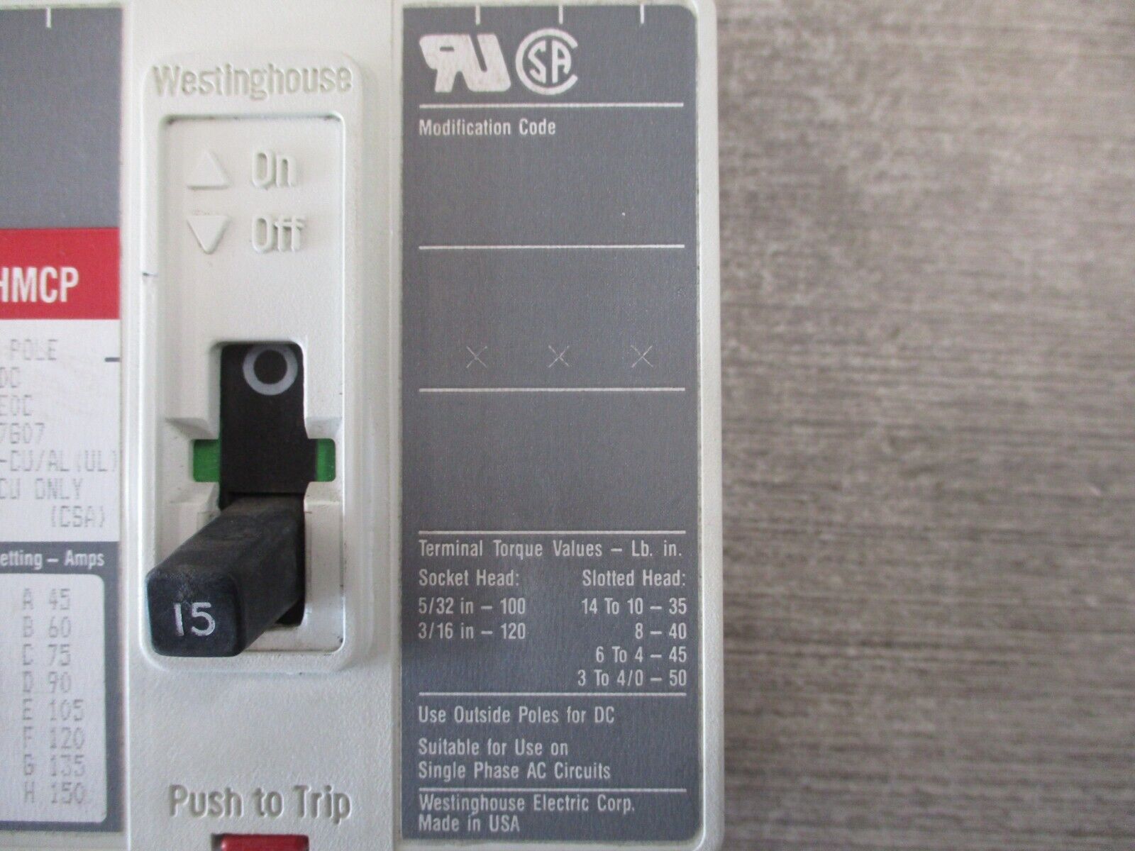 Westinghouse Circuit Breaker HMCP015E0C 15A 600V 3P Used