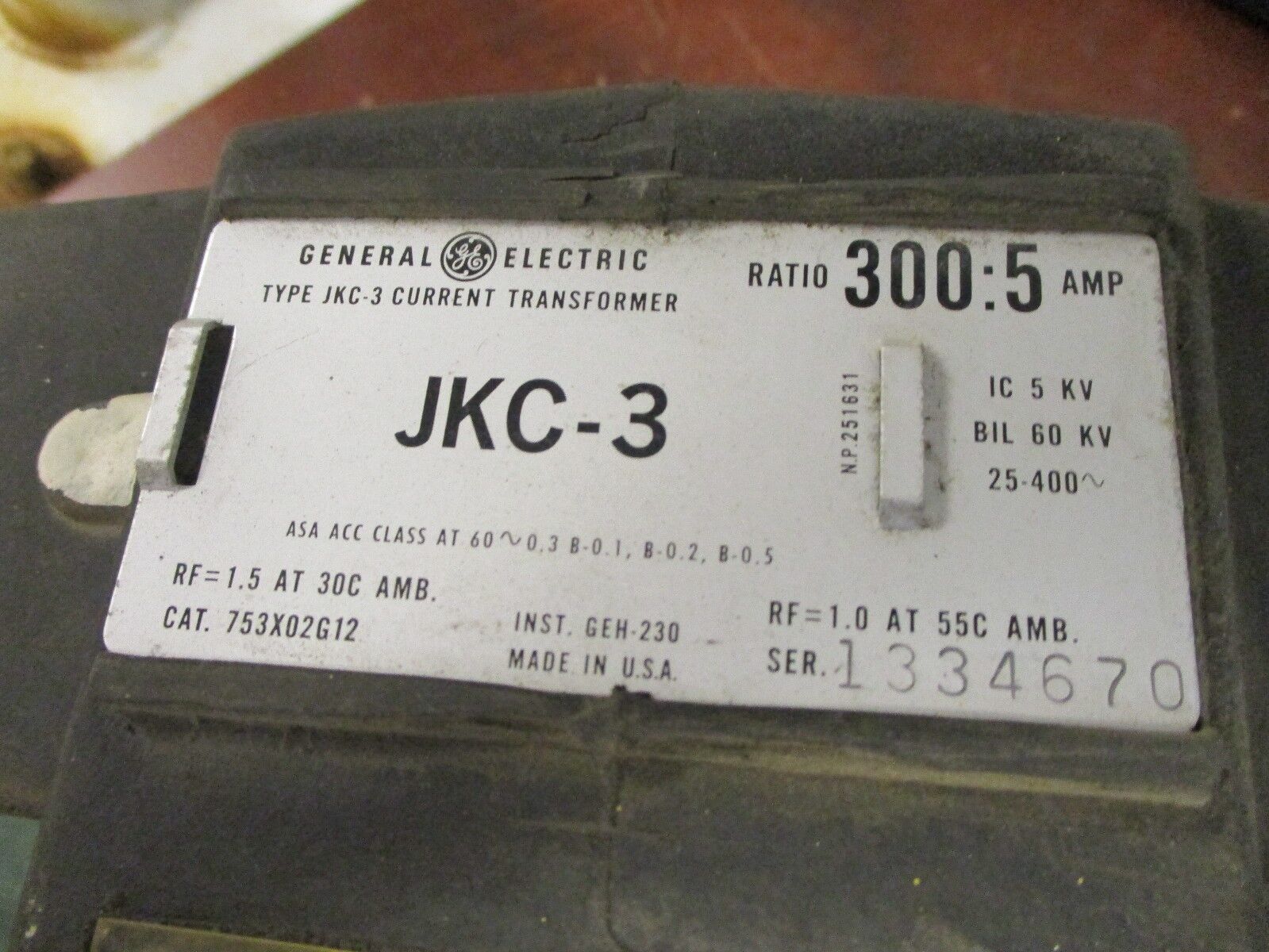 GE Type JKC-3 Current Transformer 753X02G12 Ratio 300:5A 60KV BIL 25-400Hz Used