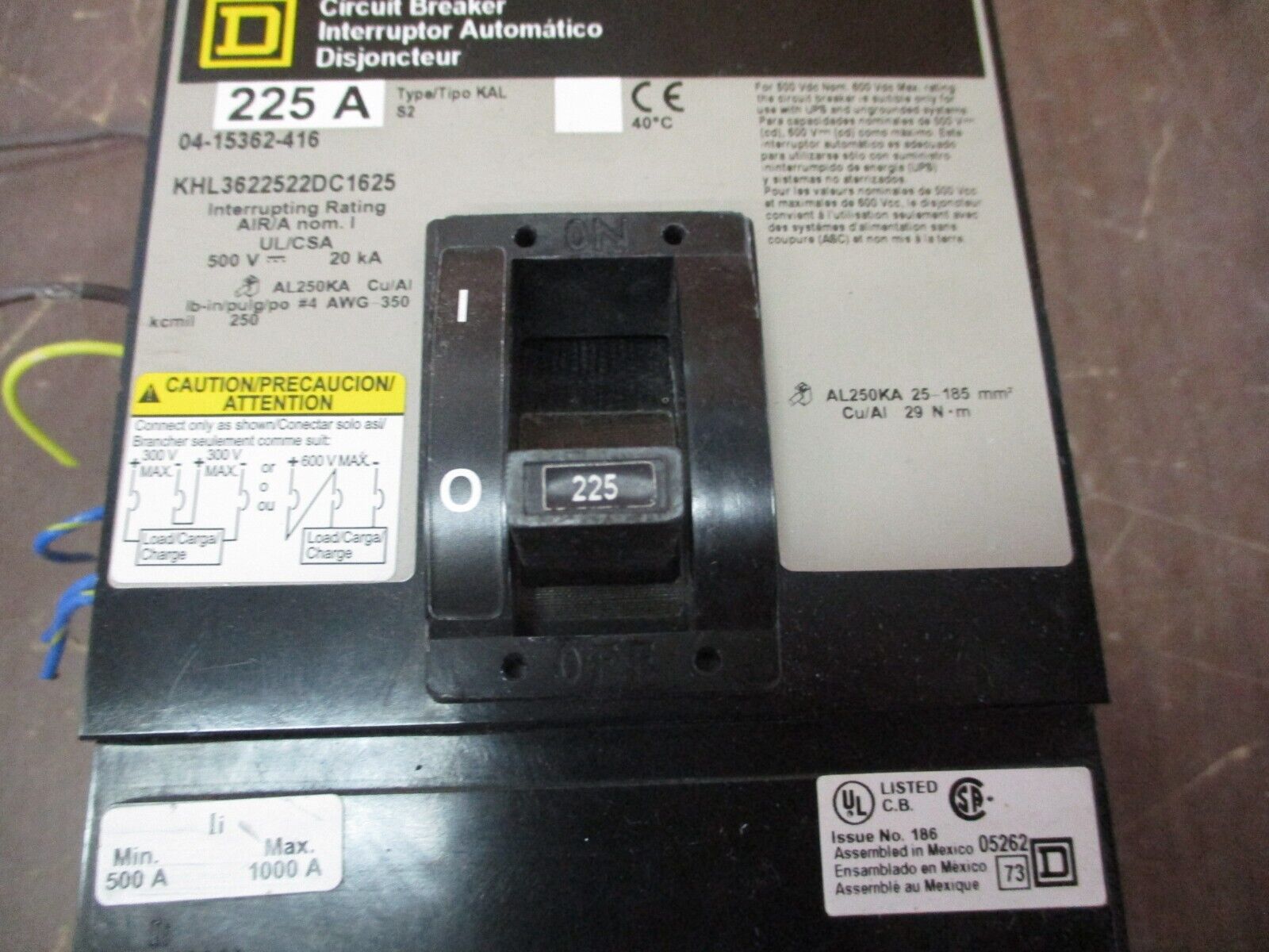 Square D Circuit Breaker KHL3622522DC1625 225A 500VDC 3P Used