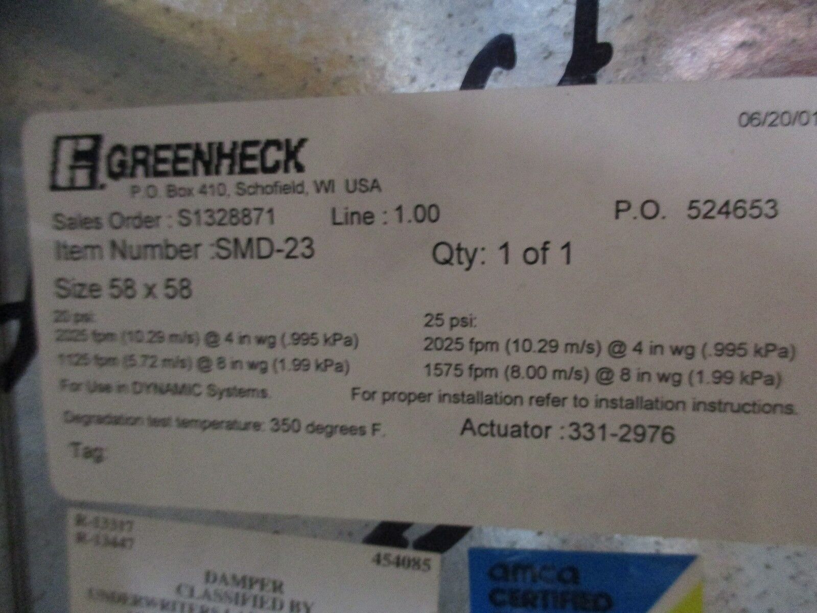 Greenheck Smoke Dampers SMD-23 58x58" New Surplus