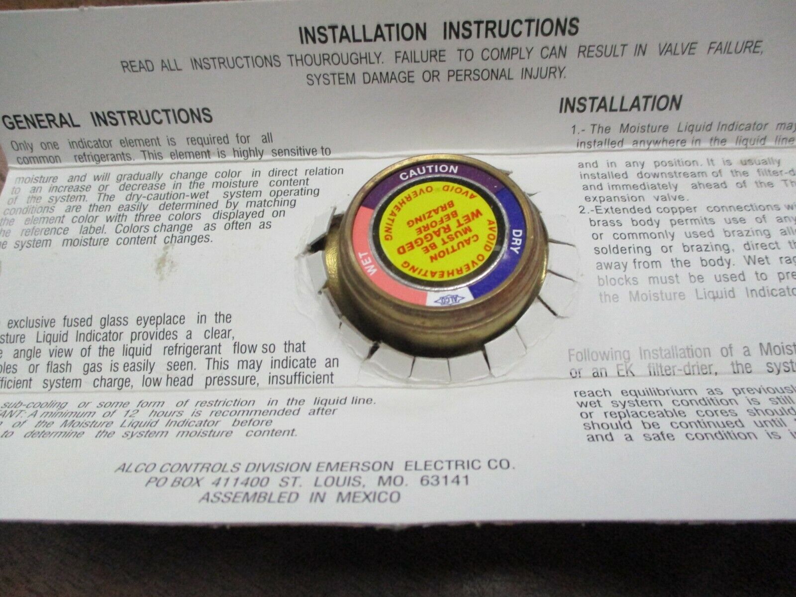 Emerson Liquid / Moisture Indicator HMI 1TT4 Inlet: 1/2" ODF Outlet: 1/2" ODF