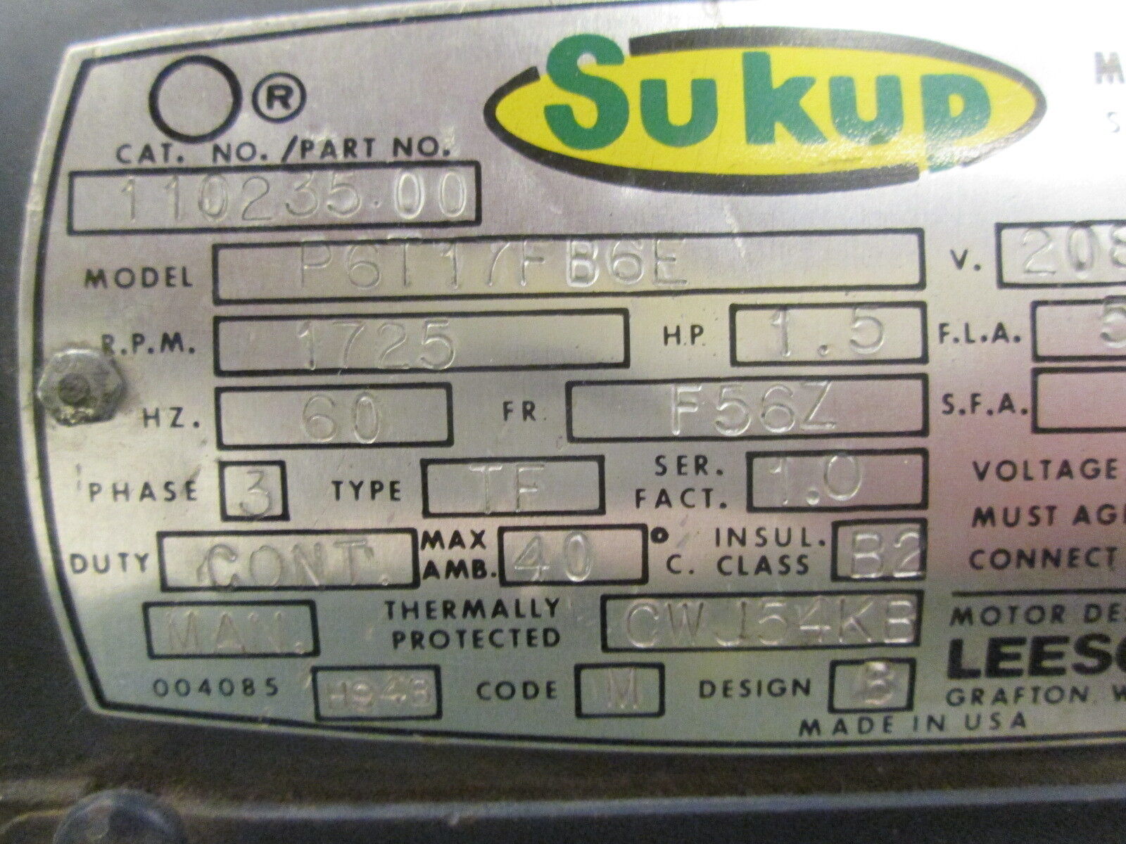 Sukup P6T17FB6E AC Motor 110235.00 1.5HP 1725RPM FR:F56Z ENCL:TEFC Used