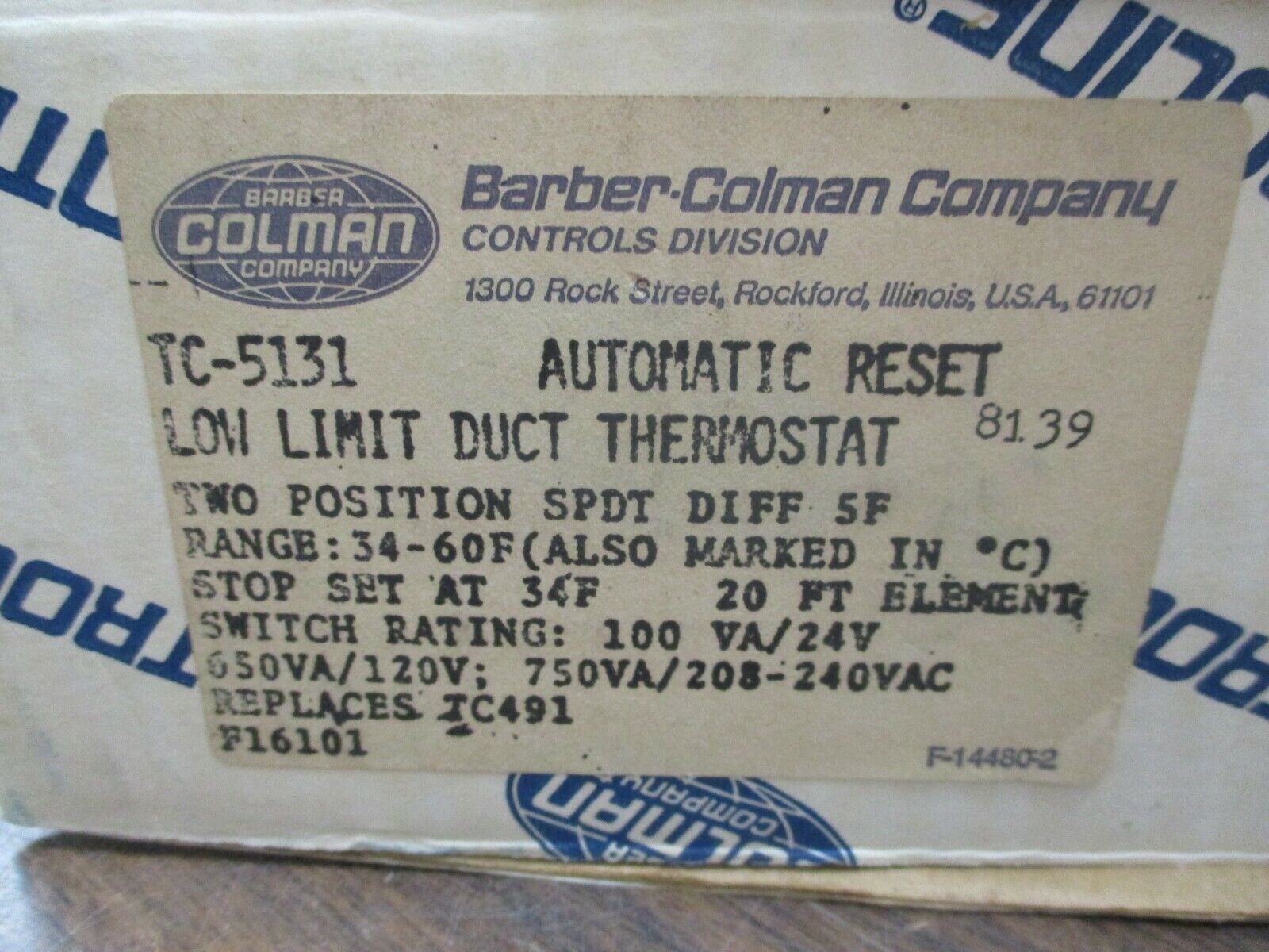 Barber-Colman Low Limit Duct Thermostat TC-5131 Range: 34-60°F New Surplus