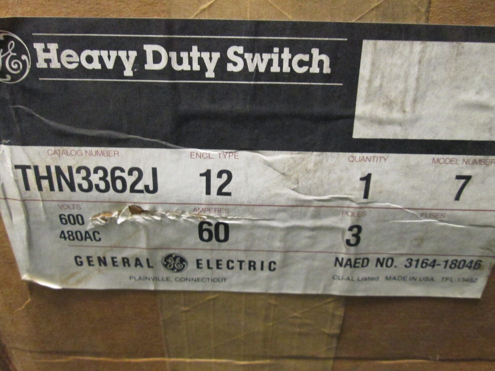 GE Nema 12 Non-fusible Safety Switch THN3362J 60A *Bent Door* New Surplus