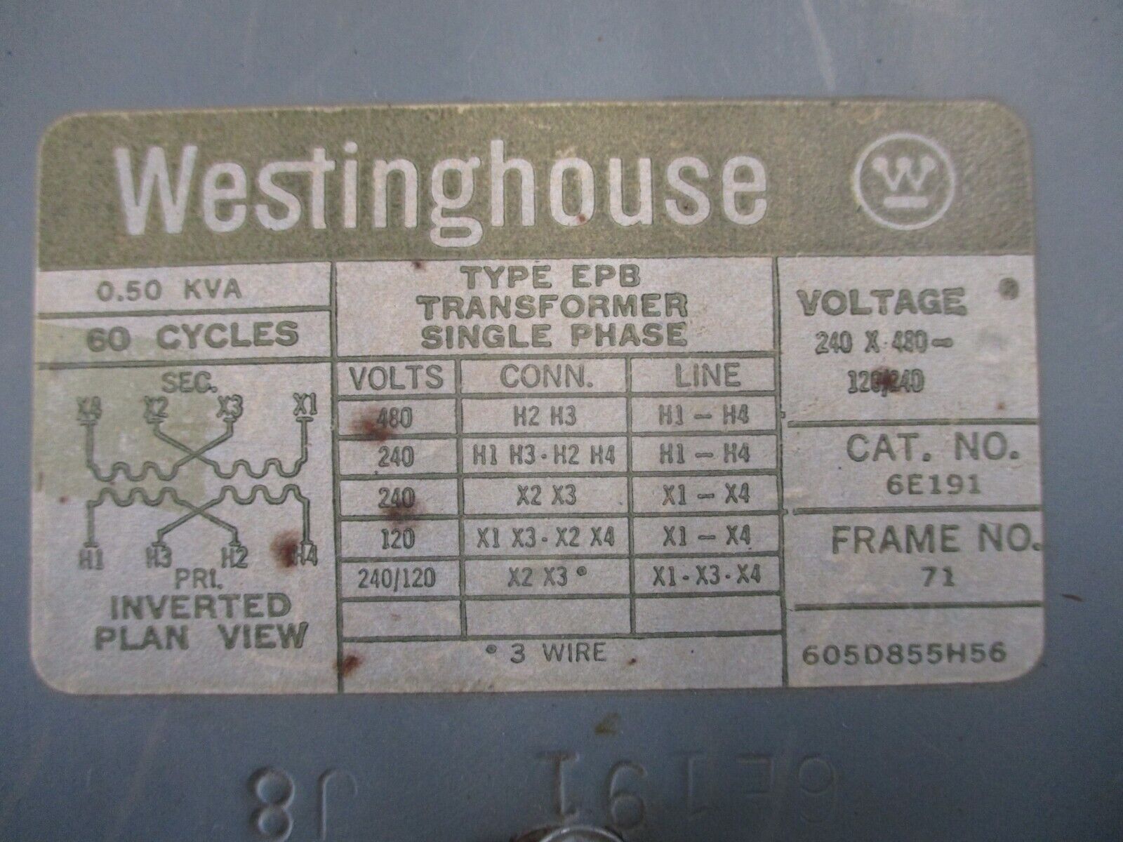 Westinghouse Type EPB Transformer 6E191 0.50 KVA Pri:240/480V Sec:120/240V 1Ph