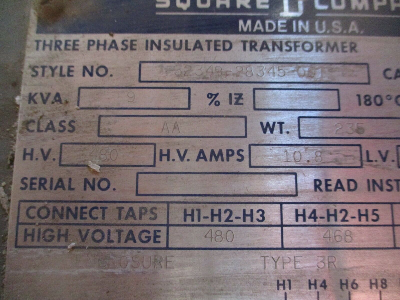 Square D Sorgel Transformer 9T75F 9kVA Pri: 480V Sec: 240V 60Hz 3R Enclosure