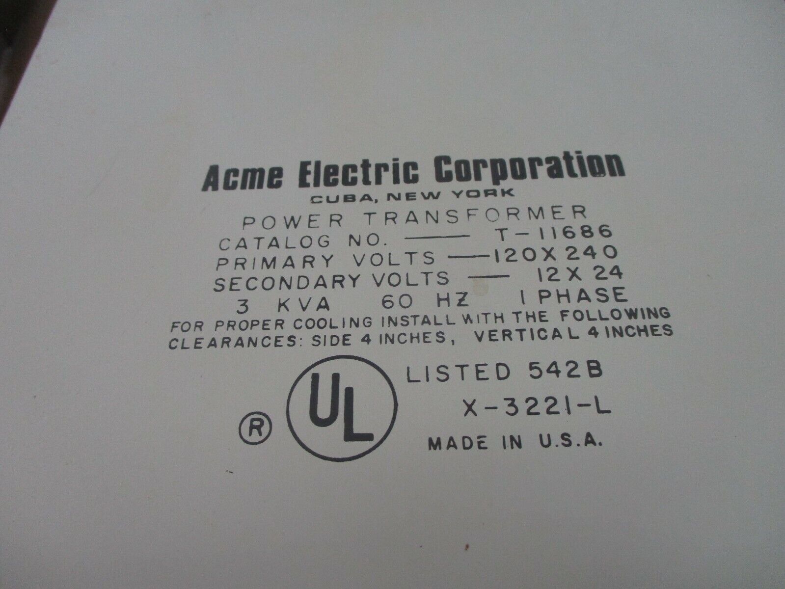 Acme Power Transformer T-11686 3kVA Pri: 120/240V Sec: 12/24V 1Ph 60Hz Used