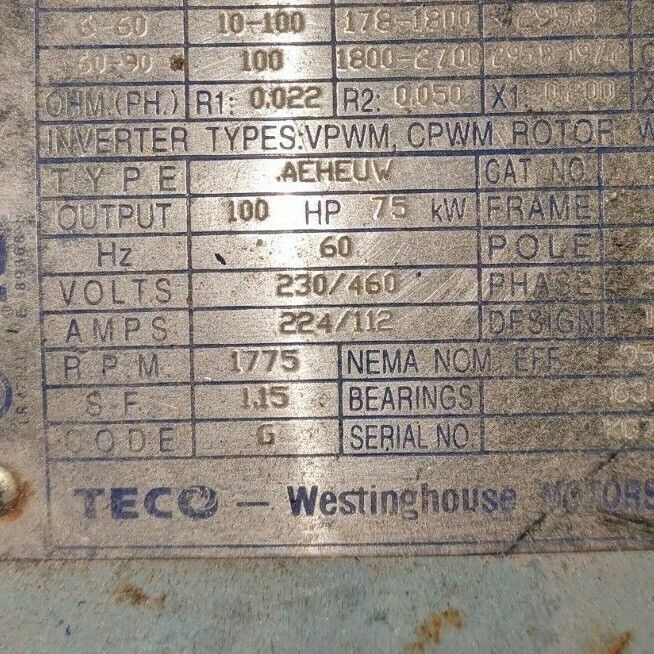 Westinghouse Motor PDH10004TE2 100HP 1800RPM 230/460V 224/112A 3Ph 4P 60Hz Used