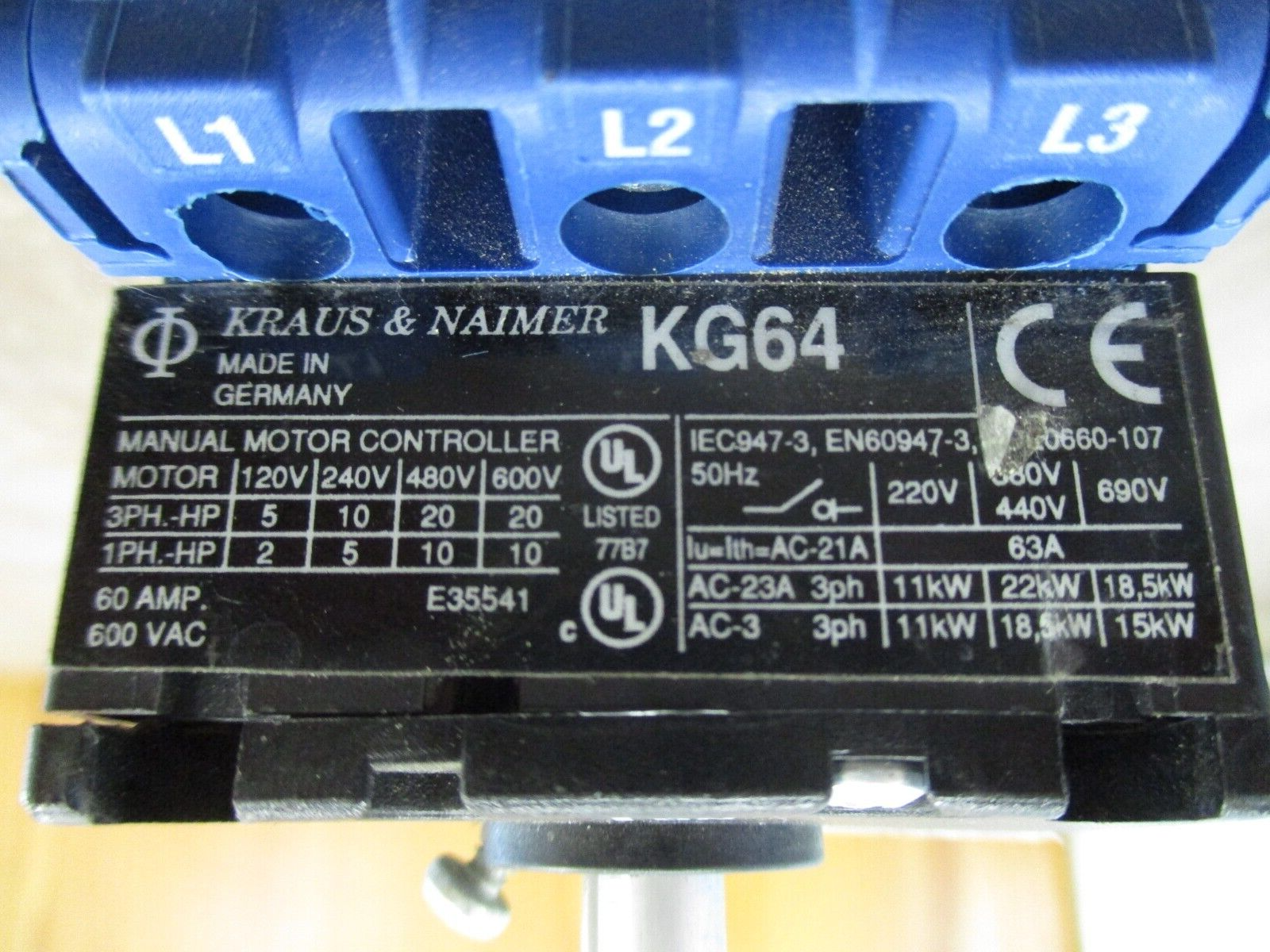 Kraus & Naimer Disconnect Switch KG64 60A 600V *No Handle* *No Terminal Covers*