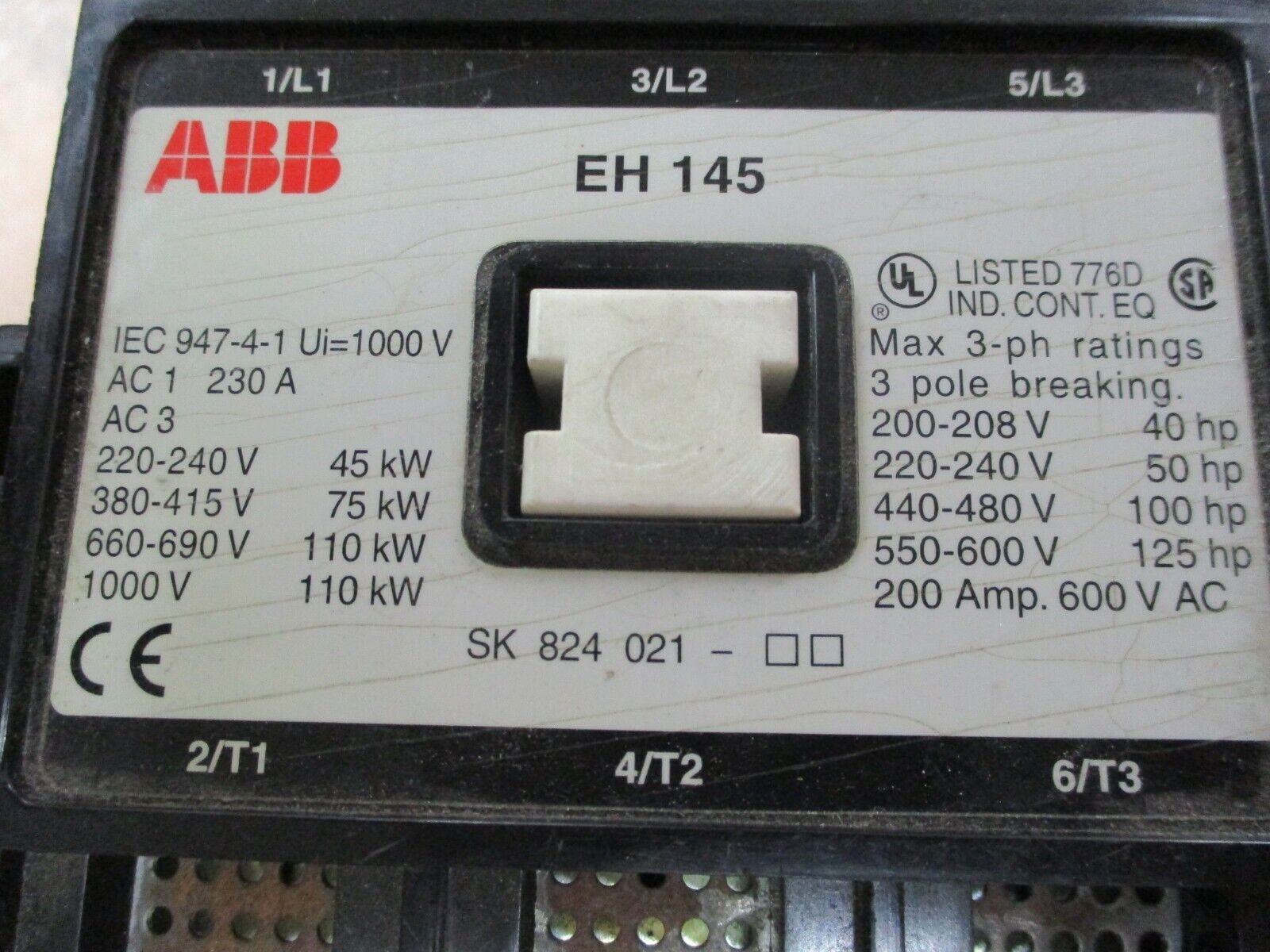 ABB Contactor EH 145 200A 600V *No Coil* Used