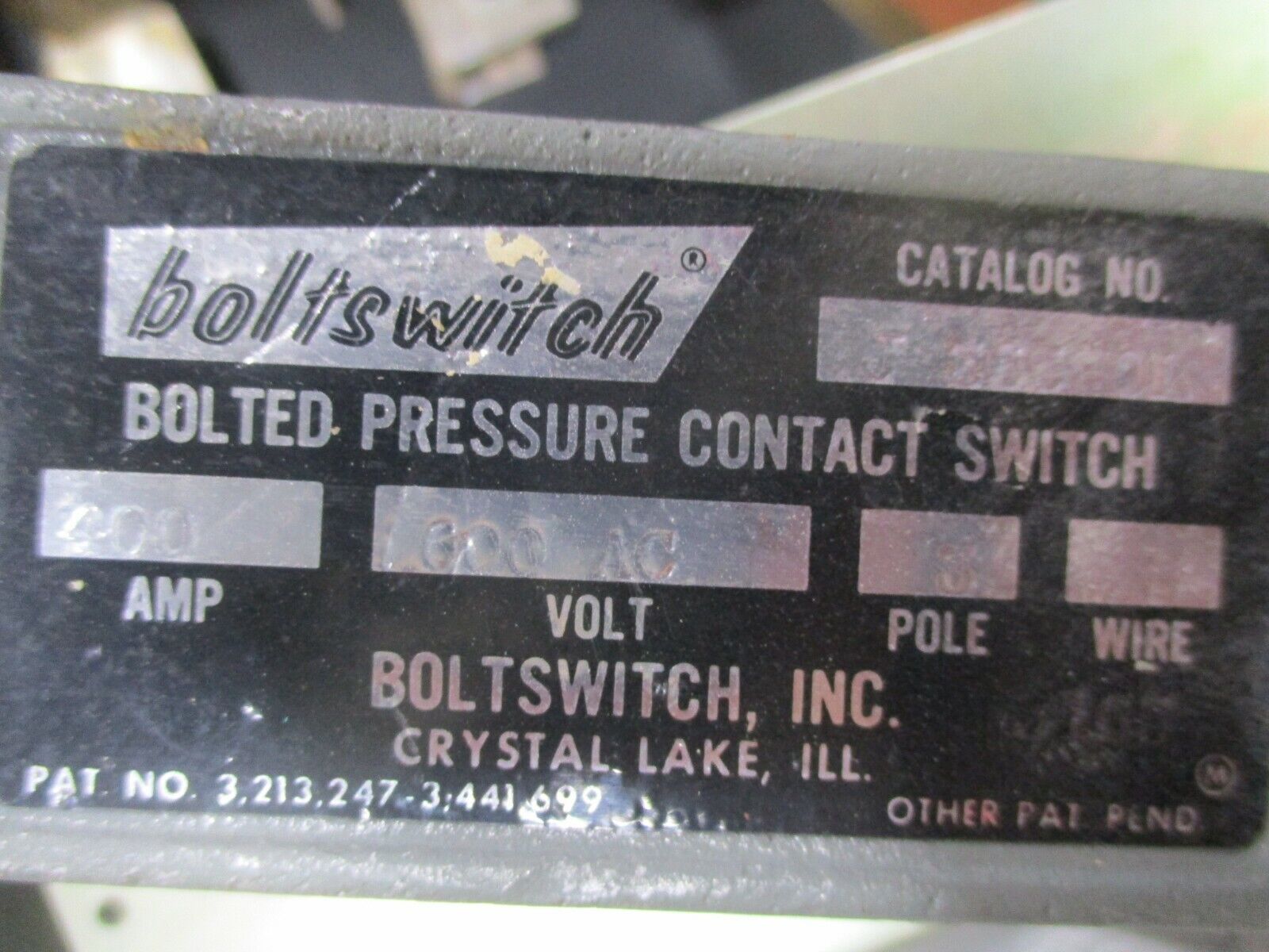 Boltswitch Bolted Pressure Contact Switch J 365WOL 400A 600V 3W 3P No Fuses Used