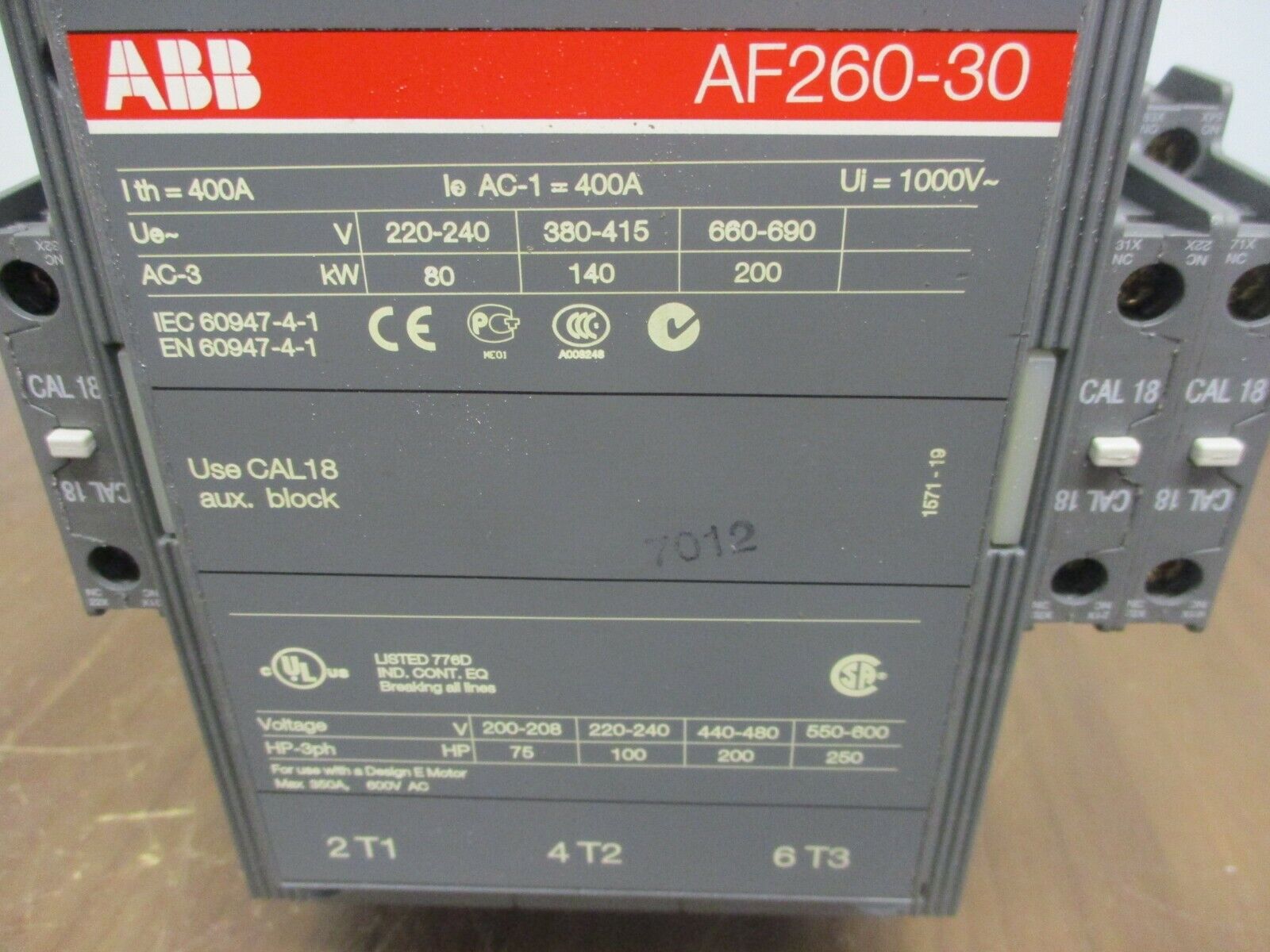 ABB Contactor AF260-30 20-60VDC Coil 350A 600V Used