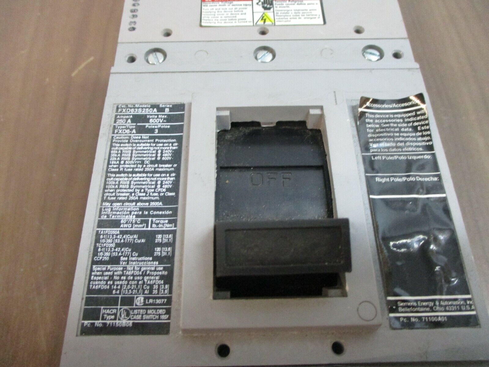 Siemens Circuit Breaker FXD63S250A Ser. B 250A 600V 3P Used