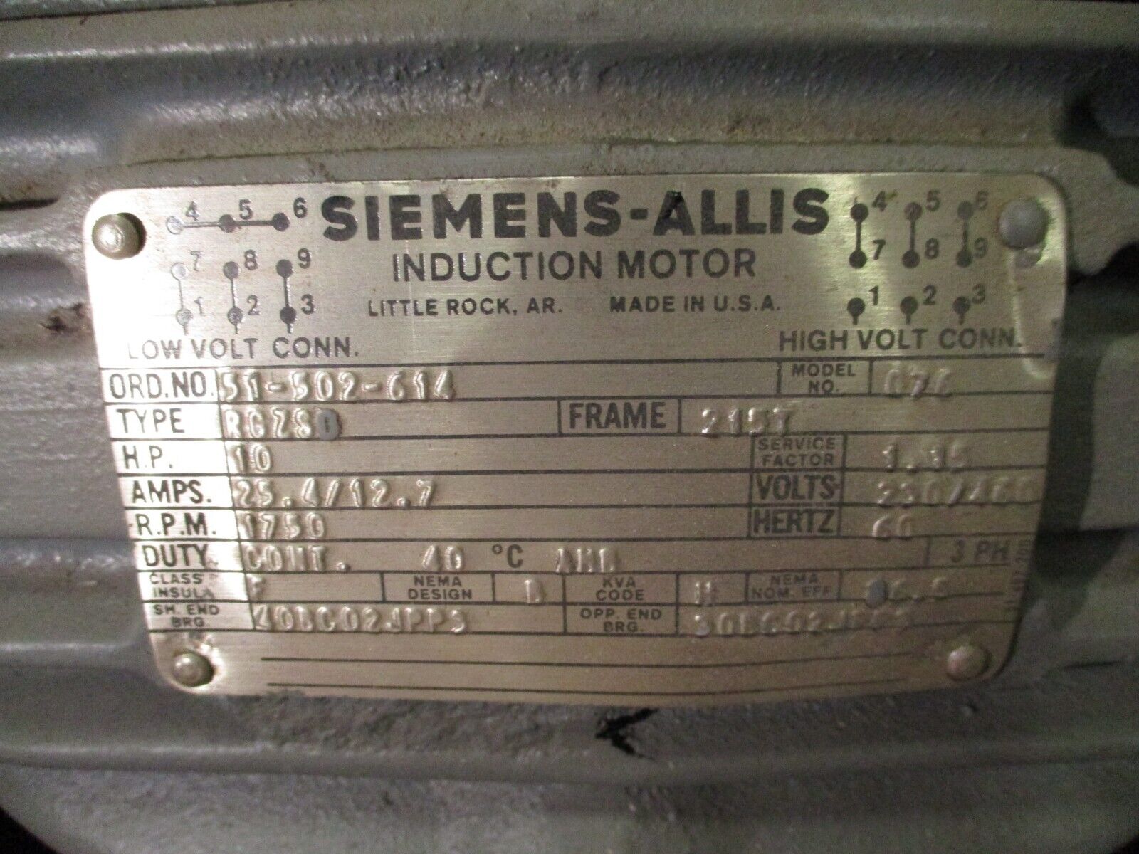 Siemens-Allis Induction Motor 51-502-614 10HP 1800RPM 230/460V 25.4/12.7A 60Hz