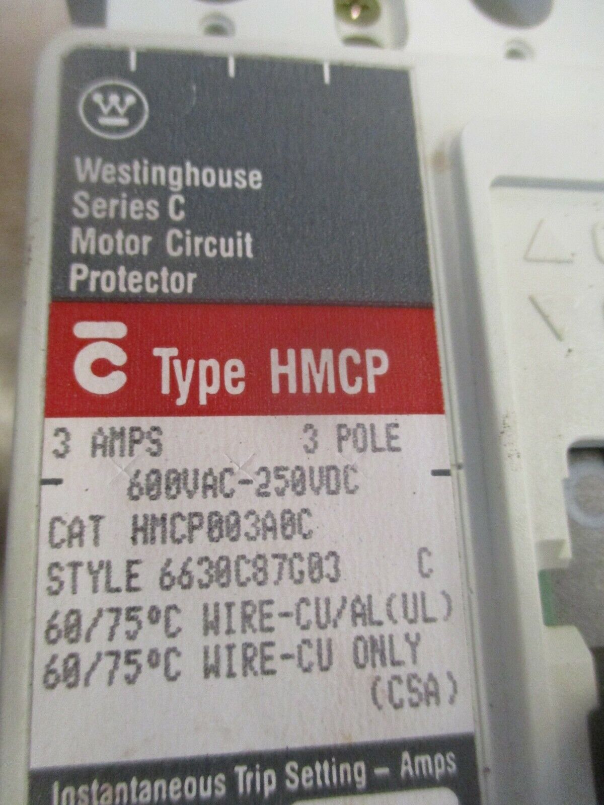 Westinghouse Circuit Breaker HMCP003A0C 3A 600V 3P Used