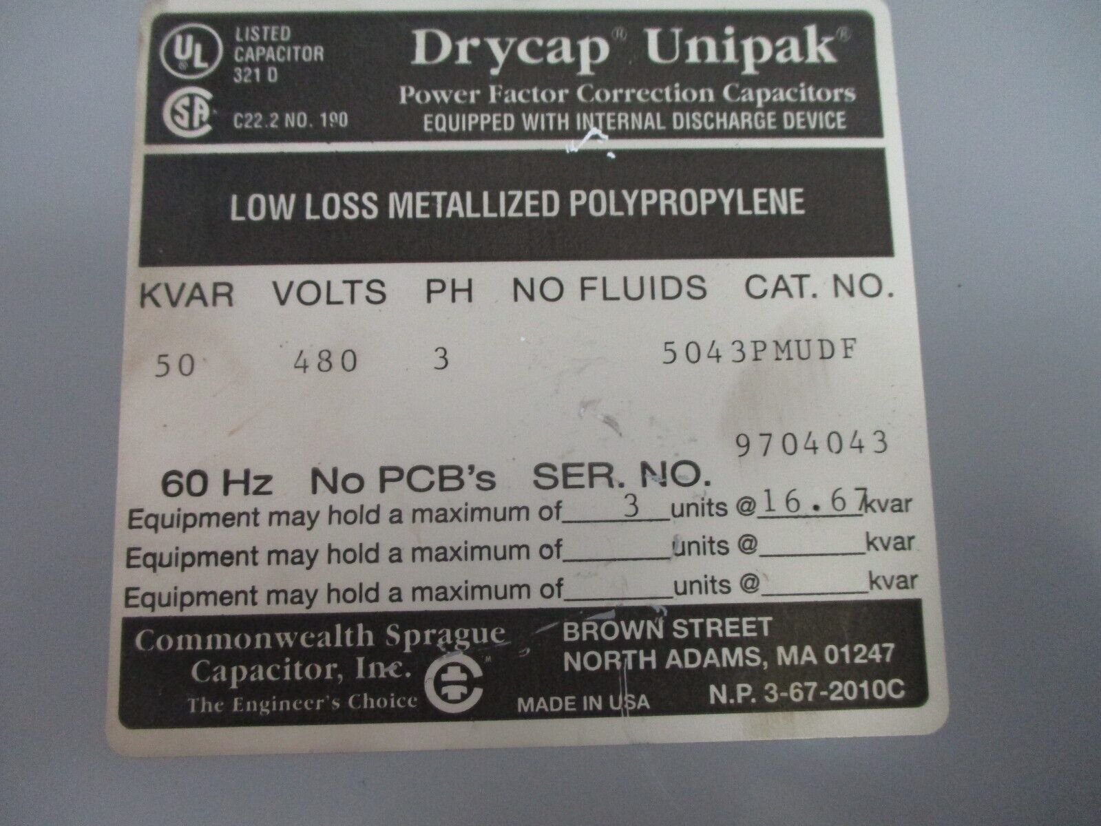 Commonwealth Sprague Drycap Unipak Capacitor 5043PMUDF 50kVAR 480V 60Hz 3Ph Used