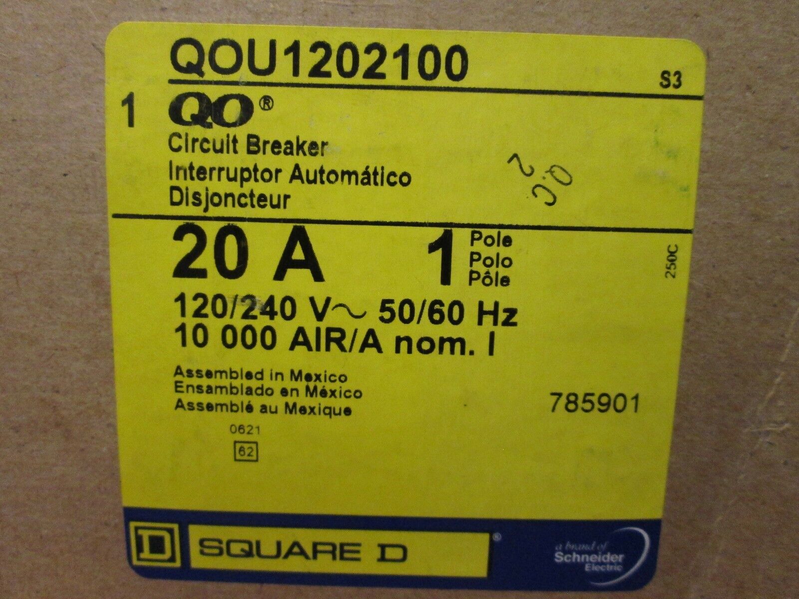 Square D QO Circuit Breaker QOU1202100 20A 120/240V 1P 10000 AIR New Surplus