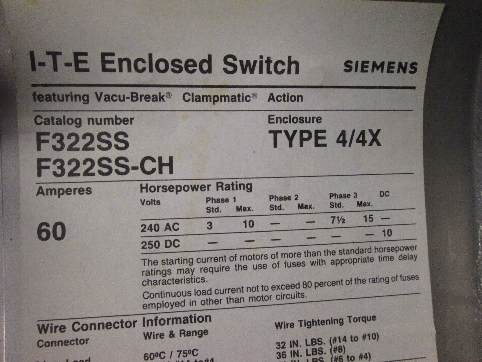 Siemens/ITE Stainless Steel Fusible Safety Switch F322SS 60A 240VAC 3P Used