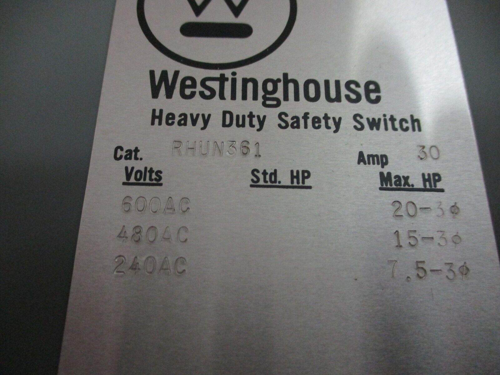 Westinghouse 3R Non-Fasible Safety Switch/Disconnect RHUN361 30A 600V