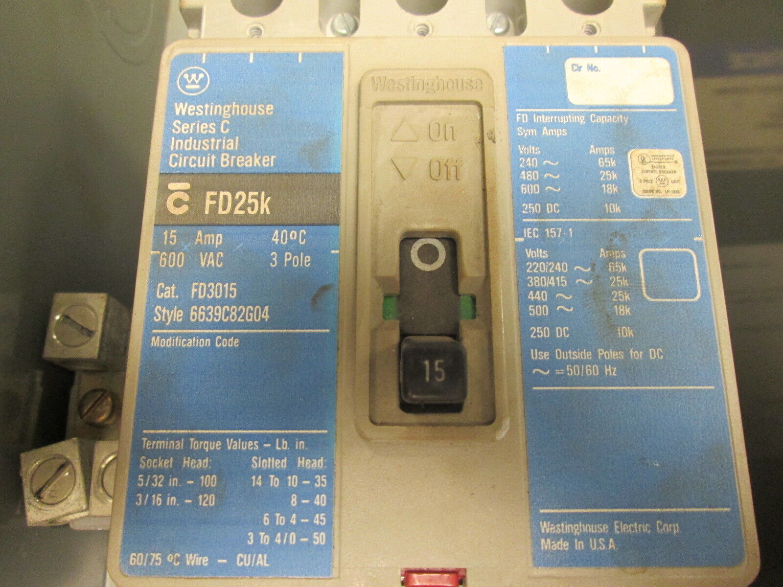 Westinghouse Enclosed Circuit Breaker SFB/FD3015 15A 600V 3P Used