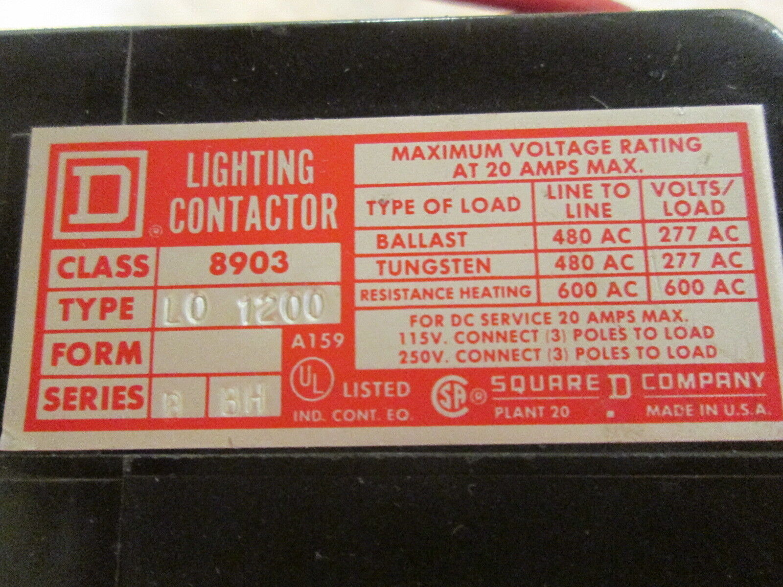 Square D Lighting Contactor 8903 L0 1200 120V Coil 20A 600V Used