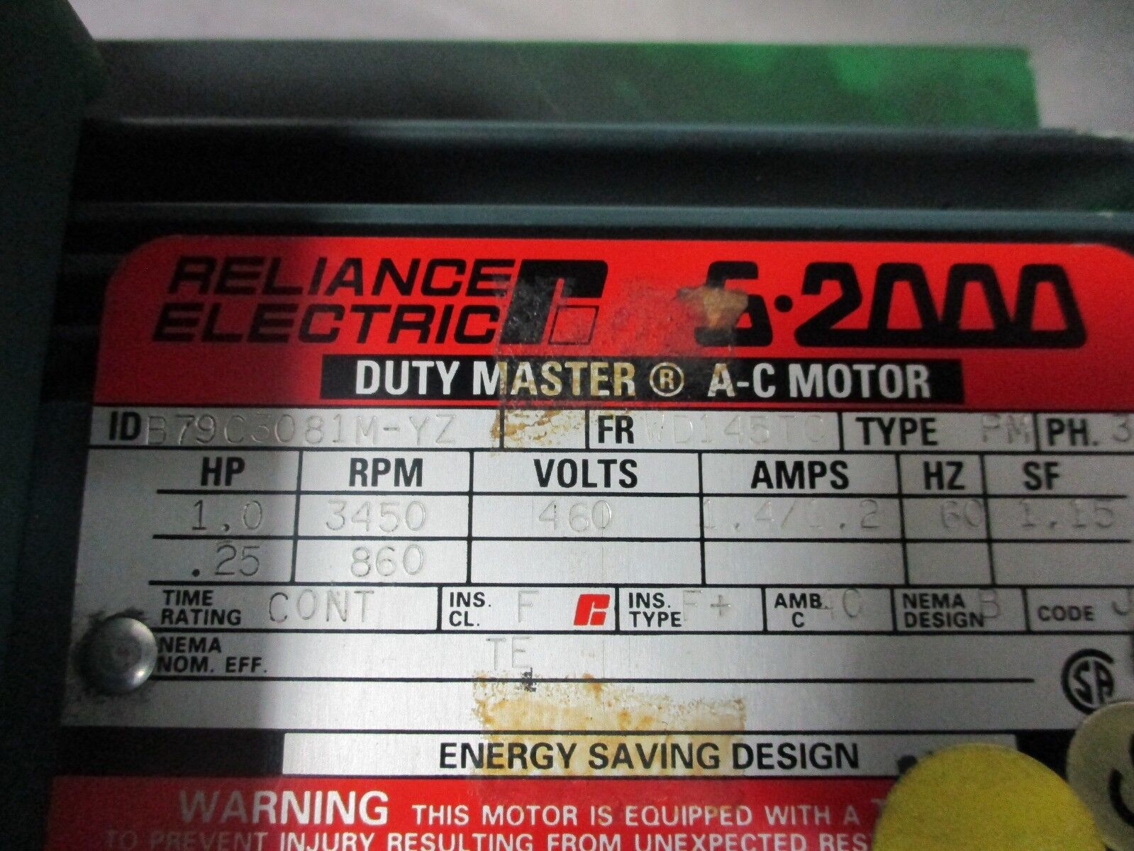 Reliance Duty Master AC Motor B79C3081M-YZ 1HP 3500RPM FR:WD145TC 460V 1.4/1.2A