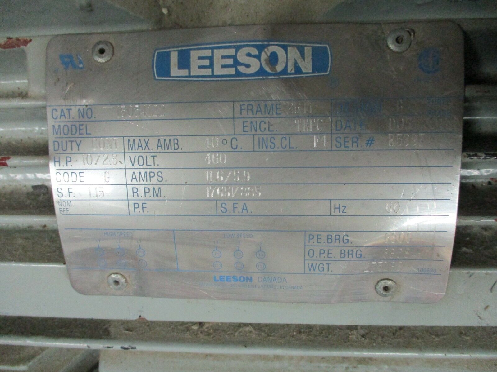 Leeson AC Motor 15054122 10HP 1800RPM 460V 251T Frame TEFC Enclosure Used