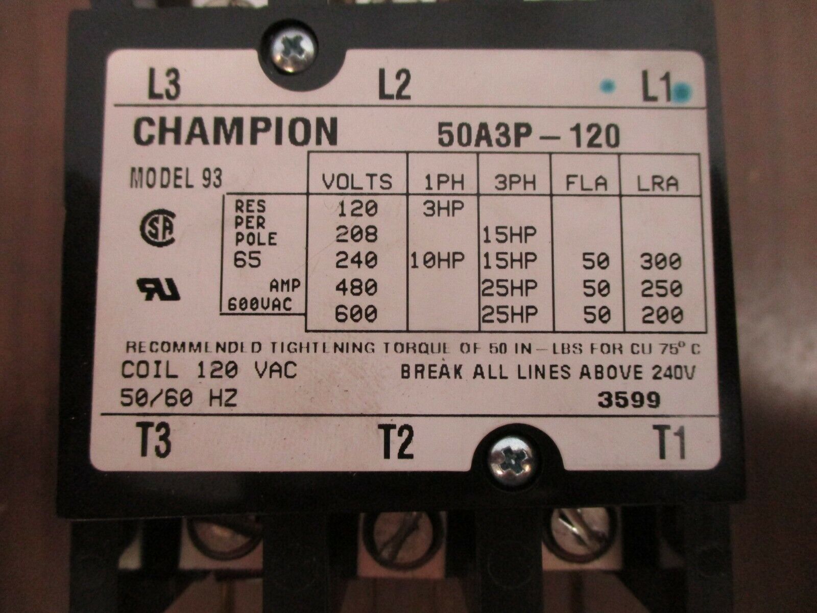 Champion Model 93 Contactor 50A3P-120 120V Coil 50A 600V Used