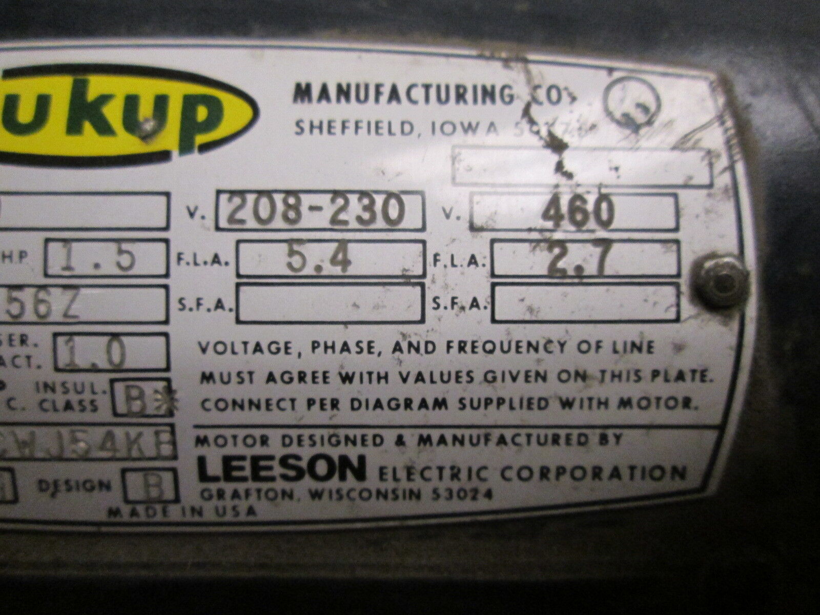 Sukup P6T17FB6D AC Motor 110235-00 1.5HP 1725RPM FR:F56Z 208-230/460V 5.4/2.7FLA