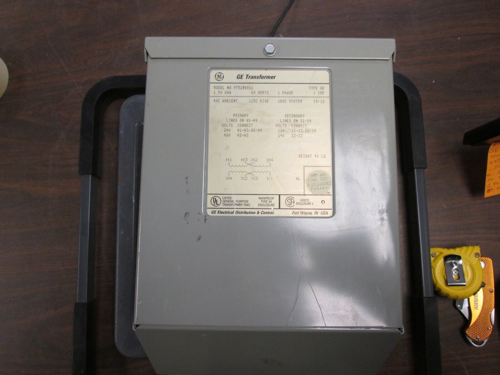 GE Transformer 9T51B0011 1.50 KVA Pri. 240 x 480V Sec. 120 x 240V 1PH 60HZ Used