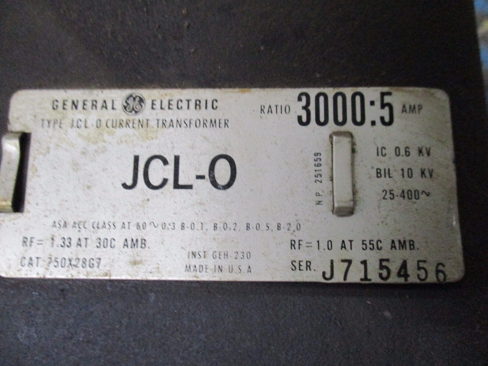 GE Type JCL-O Current Transformer 750X38G7 Ratio 3000:5A 10kv BIL Used