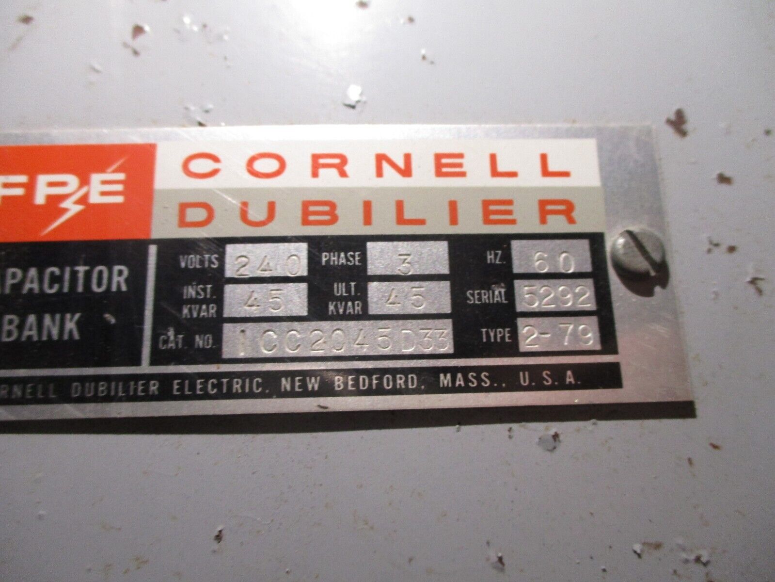 FPE Cornell Dubilier Capacitor Bank ICC2045D33 45kVAR 240V 3Ph 60Hz Used