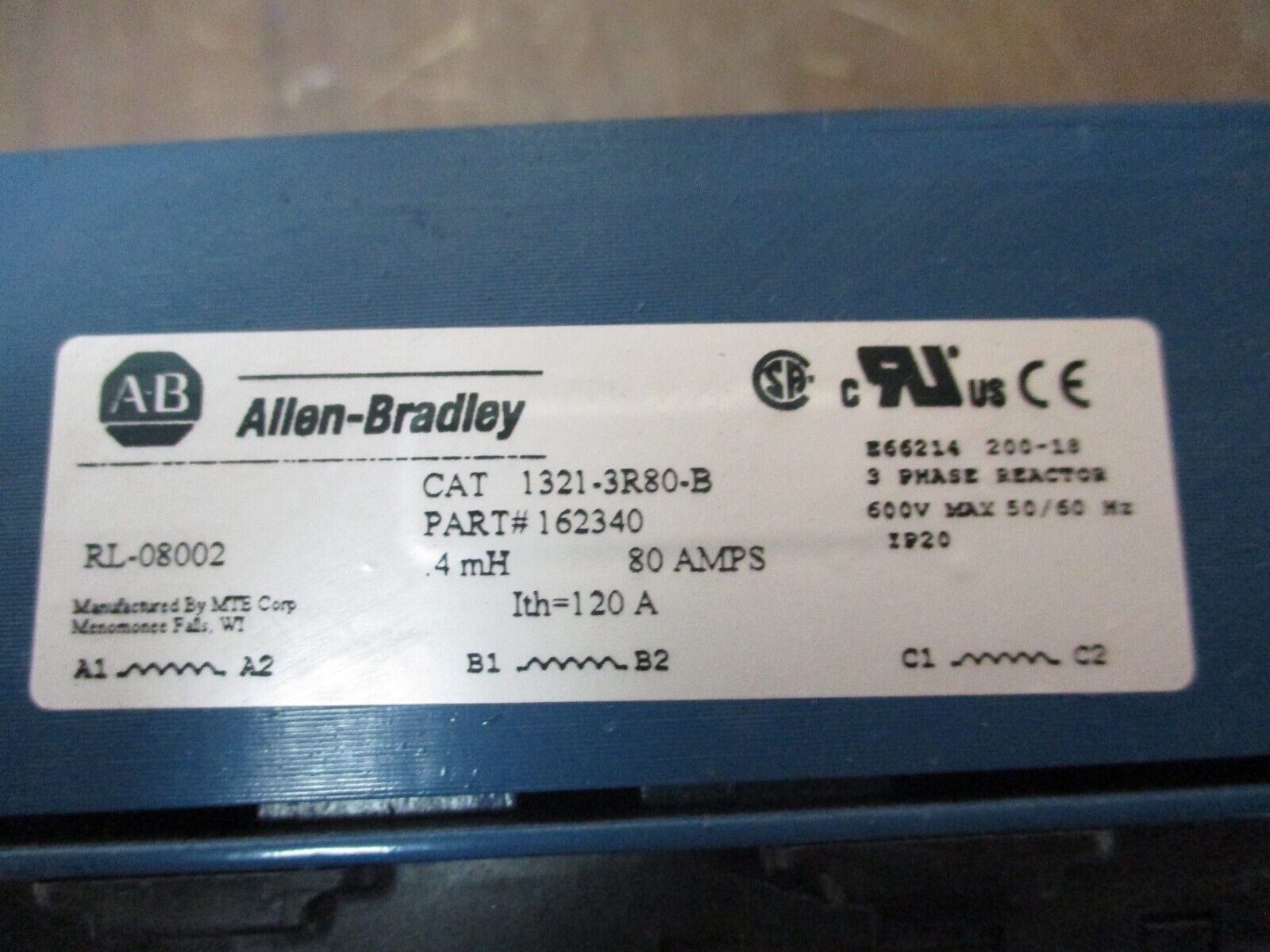 Allen-Bradley 1321-3R80-B Line Reactor 162340 0.4mH 80A 3Ph 600V Used