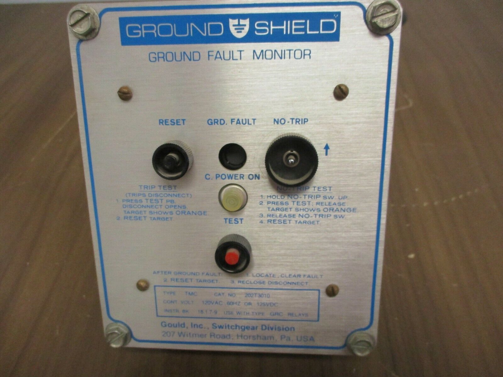 Gould Ground Shield Ground Fault Monitor 202T3010 120VAC 60Hz 125VDC Used