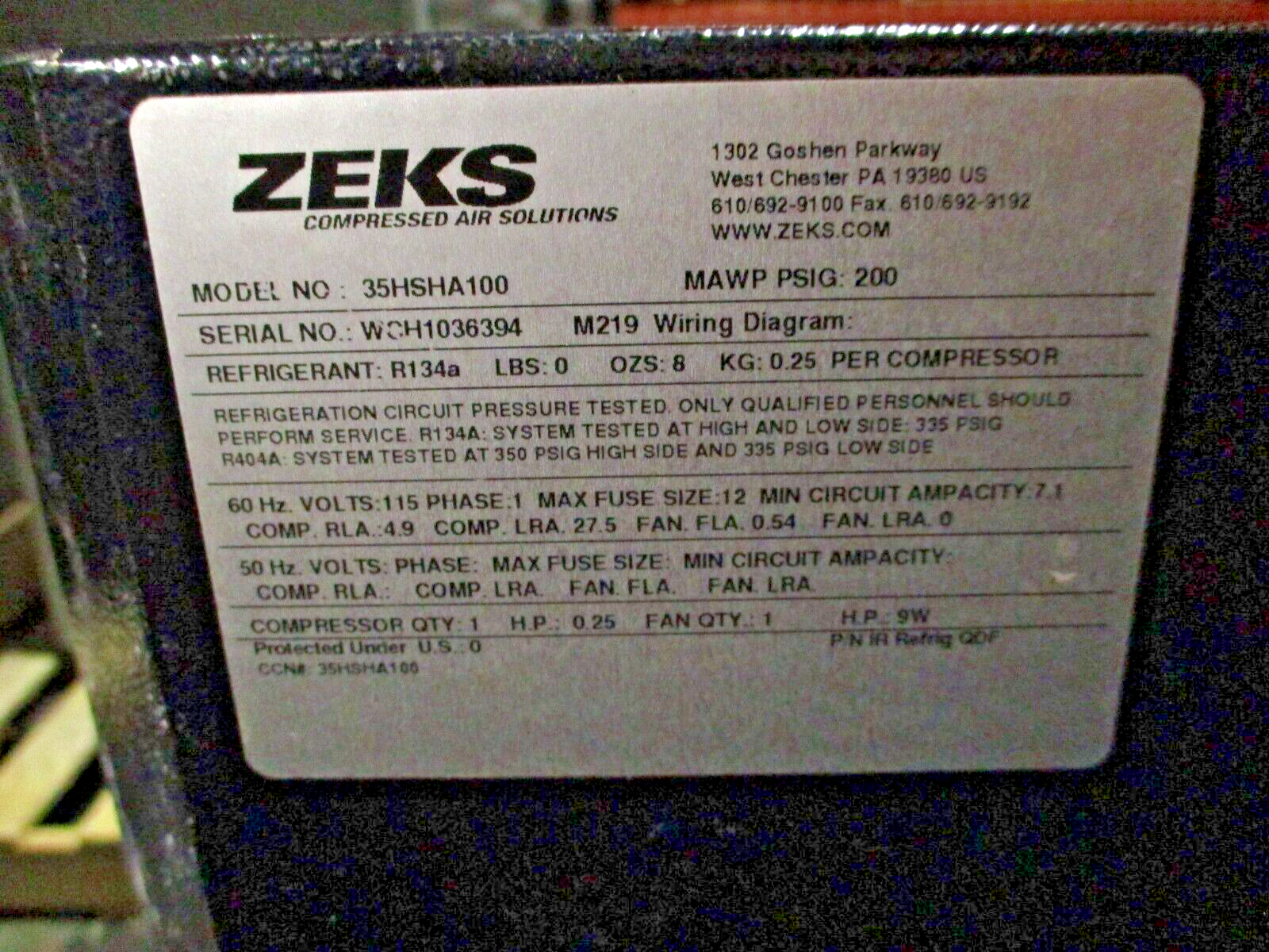 Zeks HeatSink Refrigerated Air Dryer 35HSHA100 115V 1Ph 60Hz 200PSIG Used