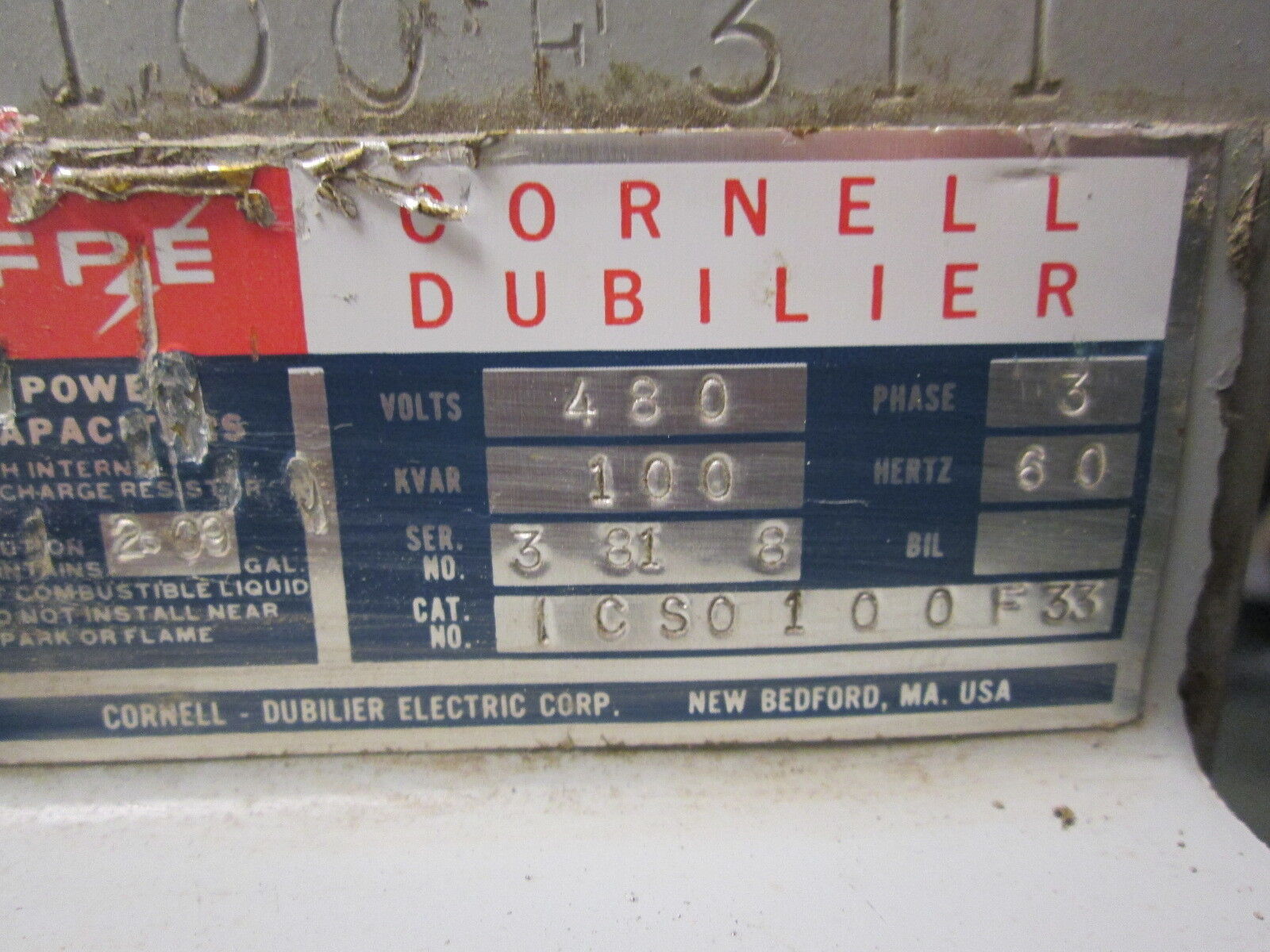 Cornell Dubilier Power Capacitor ICS1100F33 100KVAR 480V 60Hz 3Ph Used