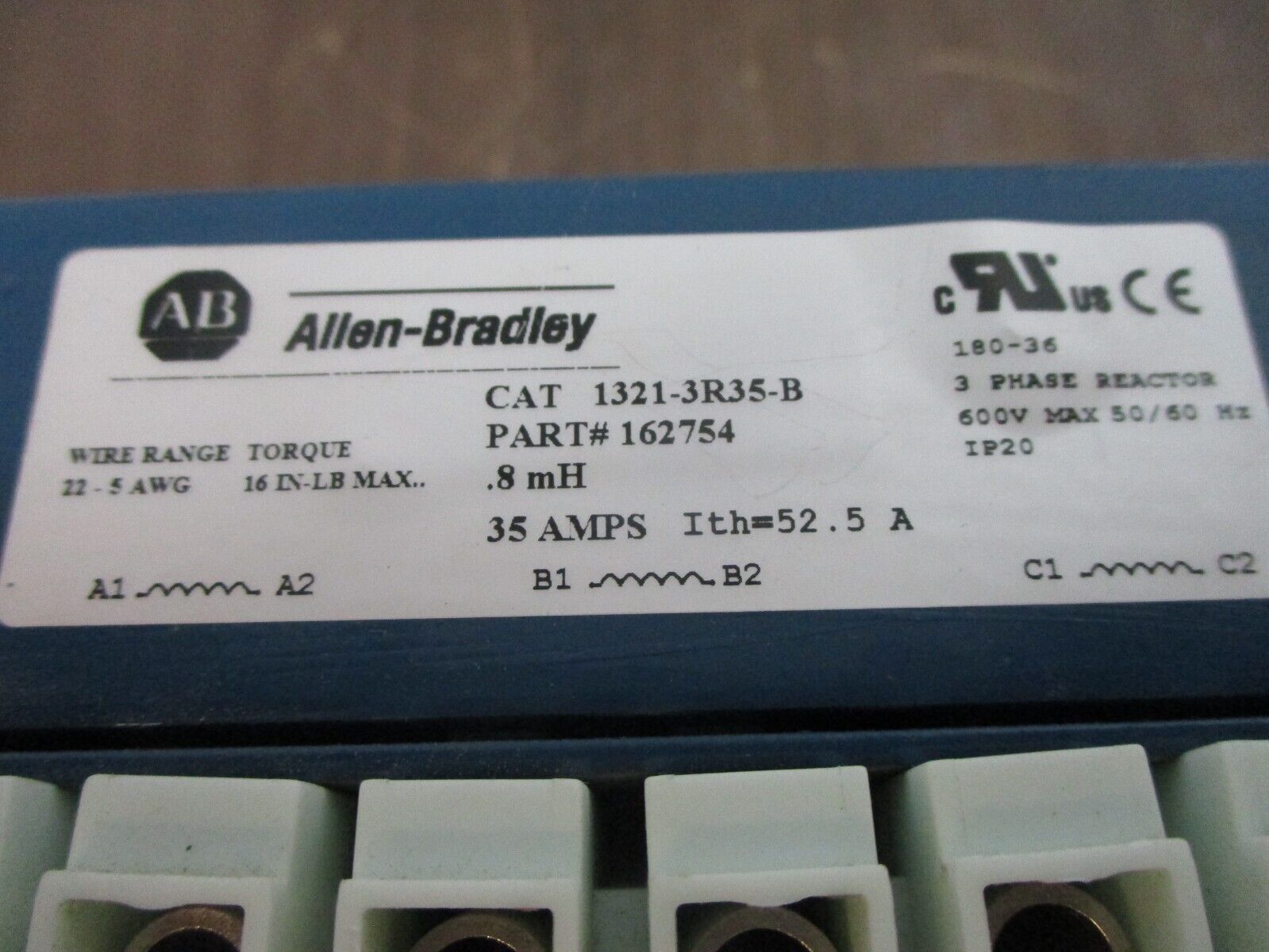 Allen-Bradley Line Reactor 162754 CAT #: 1321-3R35-B 35A 600V 3Ph 0.8mH Used