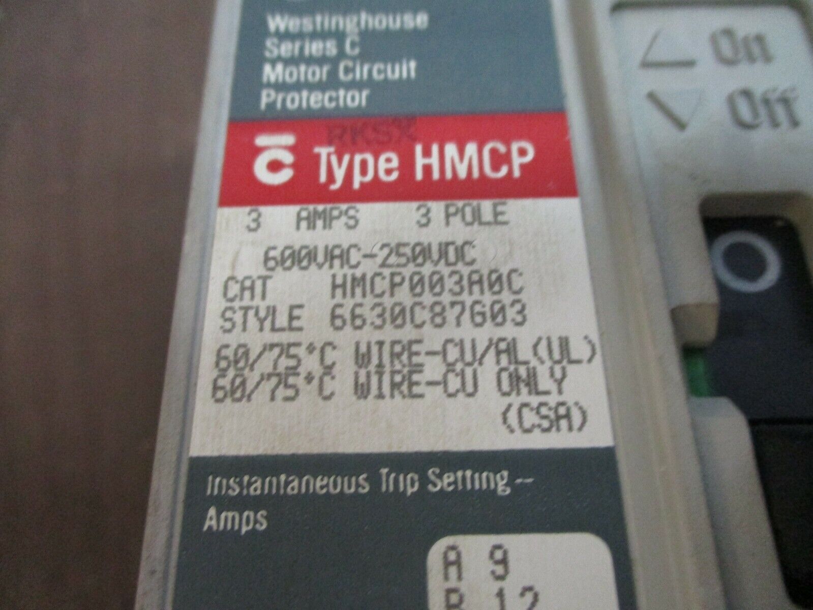 Westinghouse Circuit Breaker w/ Aux HMCP003A0C 3A 600V 3P Used