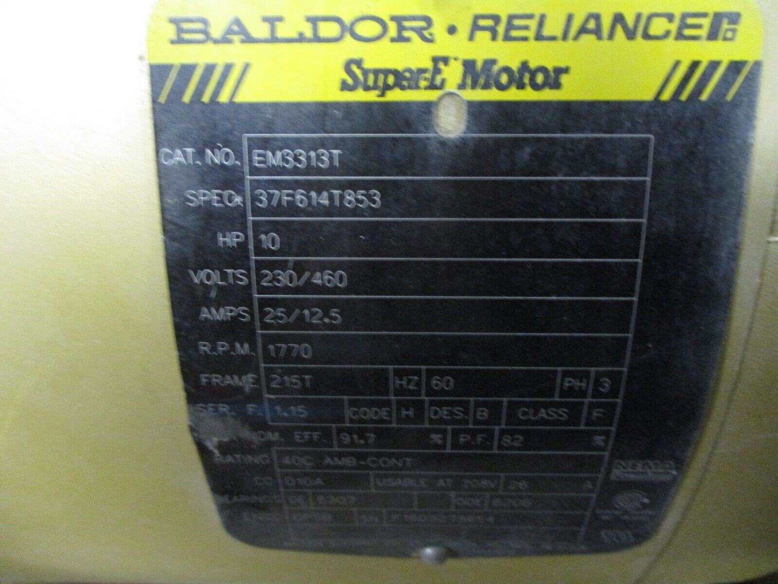 Baldor Motor EM3313T 10HP 1800RPM 230/460V 25/12.5A 3Ph 60Hz Used