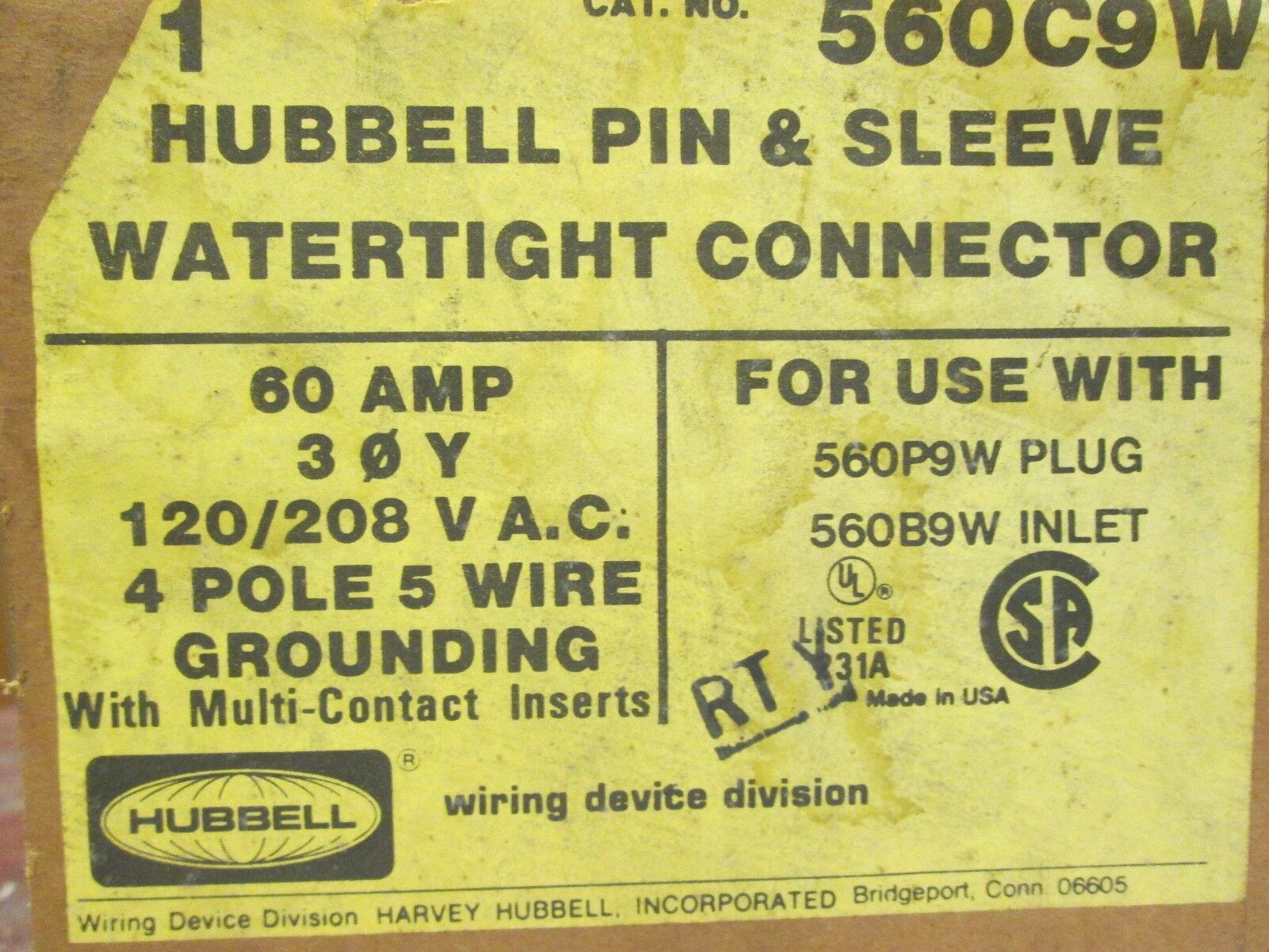 Hubbell Watertight Connector 560C9W 60A 120/208VAC 4P 5W 3PH Grounded